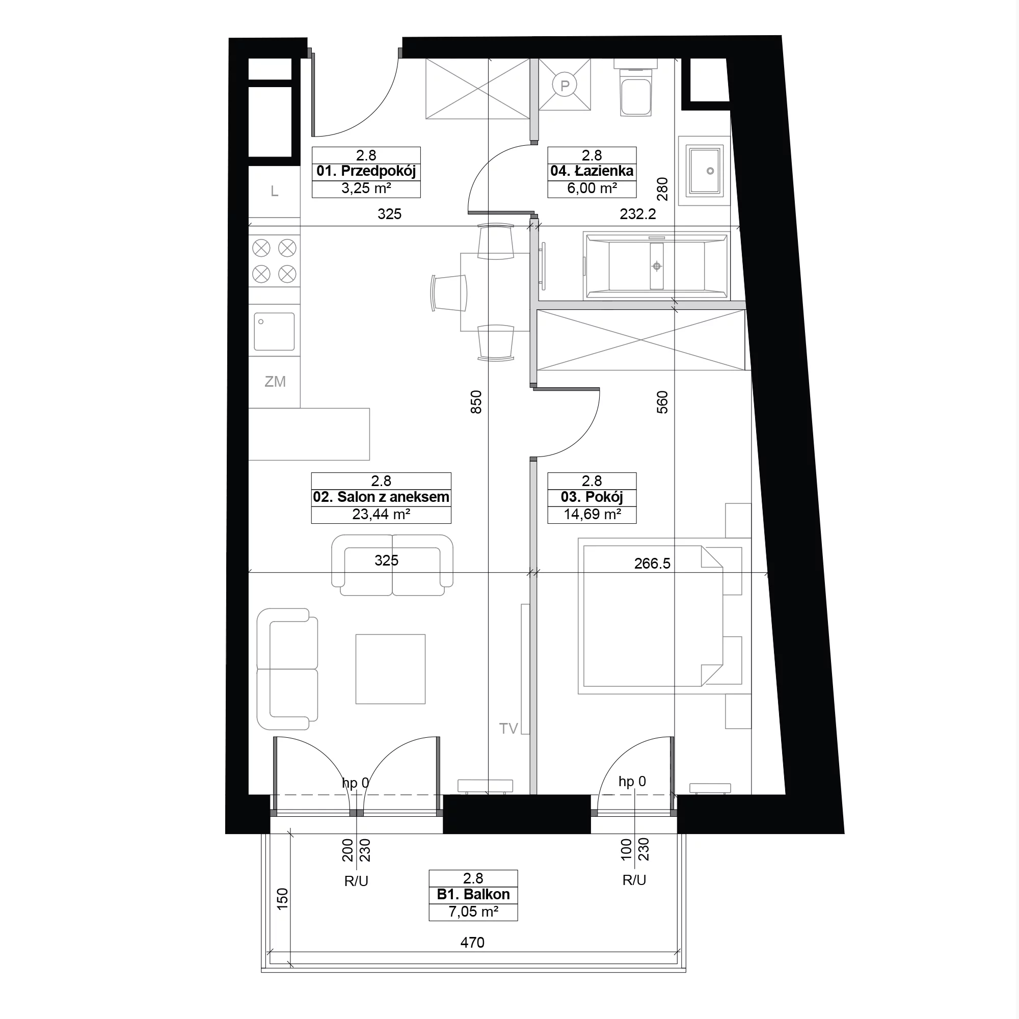 2 pokoje, mieszkanie 47,38 m², piętro 2, oferta nr 2.8, Diasfera III, Łódź, Śródmieście, al. Piłsudskiego 37