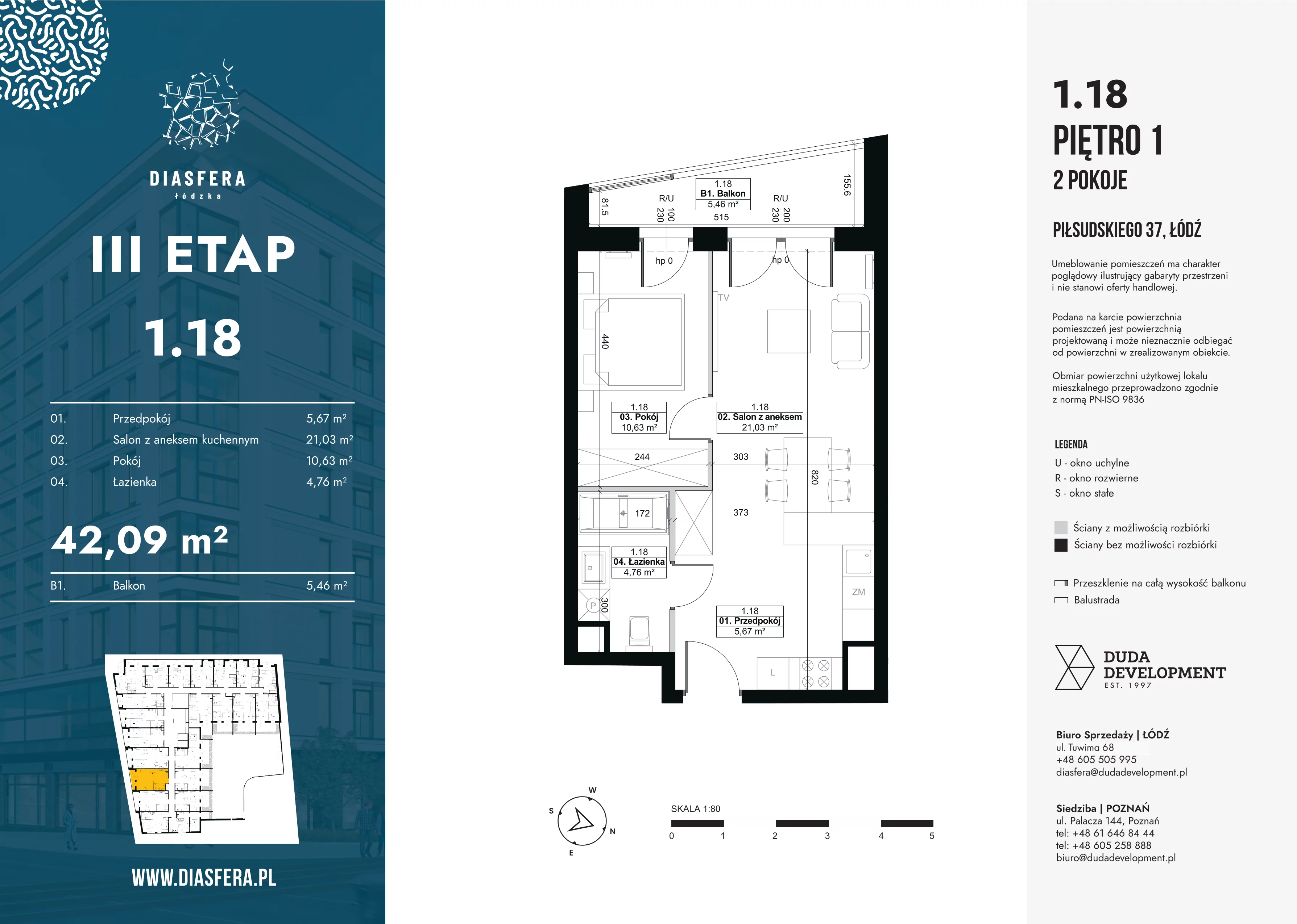 2 pokoje, mieszkanie 42,09 m², piętro 1, oferta nr 1.18, Diasfera III, Łódź, Śródmieście, al. Piłsudskiego 37