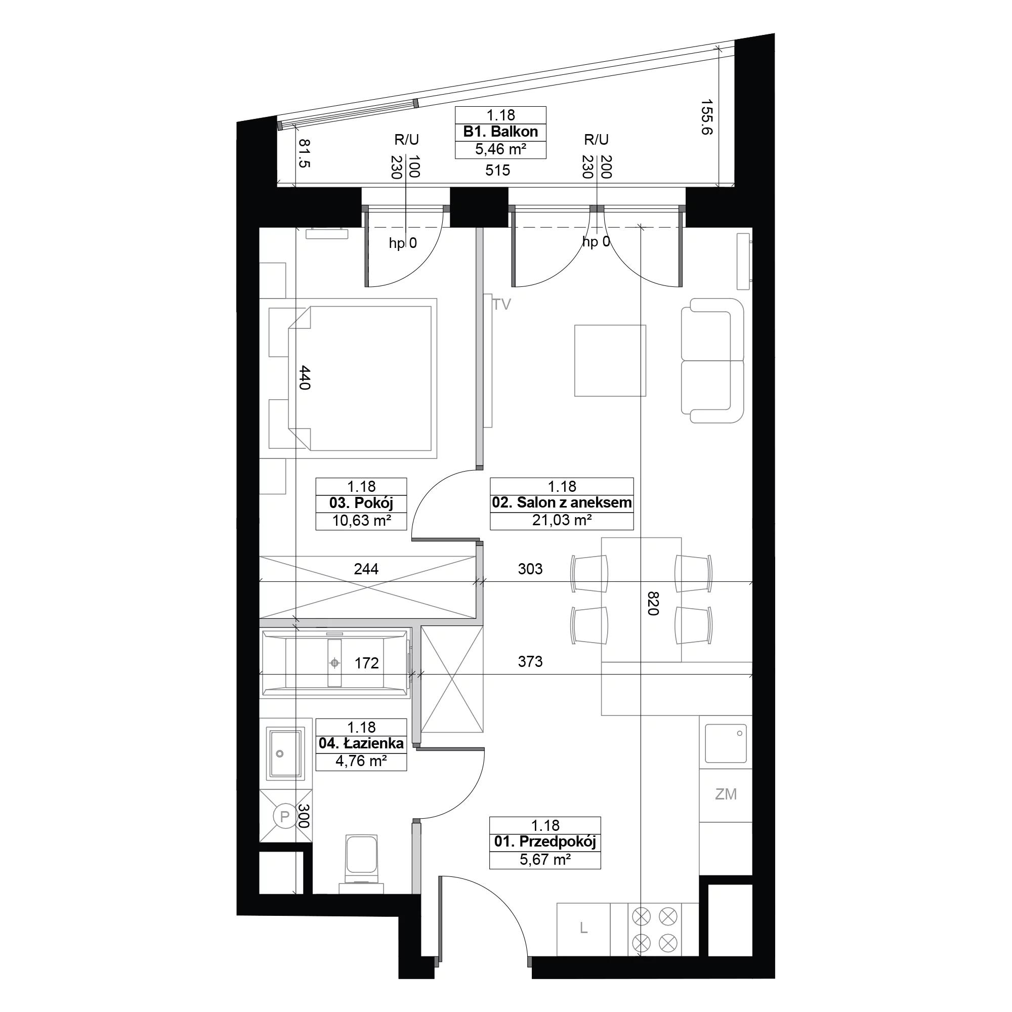 2 pokoje, mieszkanie 42,09 m², piętro 1, oferta nr 1.18, Diasfera III, Łódź, Śródmieście, al. Piłsudskiego 37