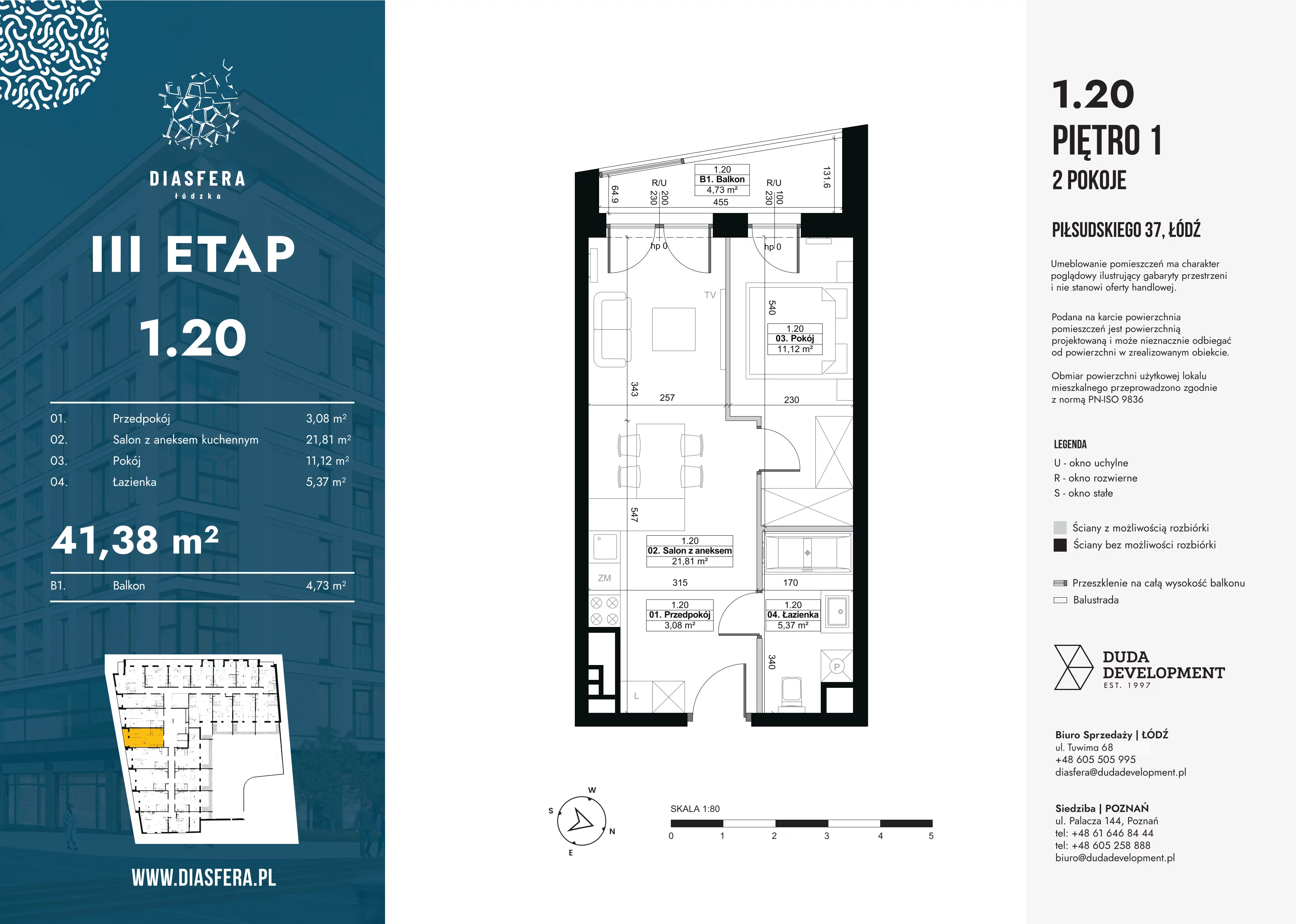 2 pokoje, mieszkanie 41,38 m², piętro 1, oferta nr 1.20, Diasfera III, Łódź, Śródmieście, al. Piłsudskiego 37