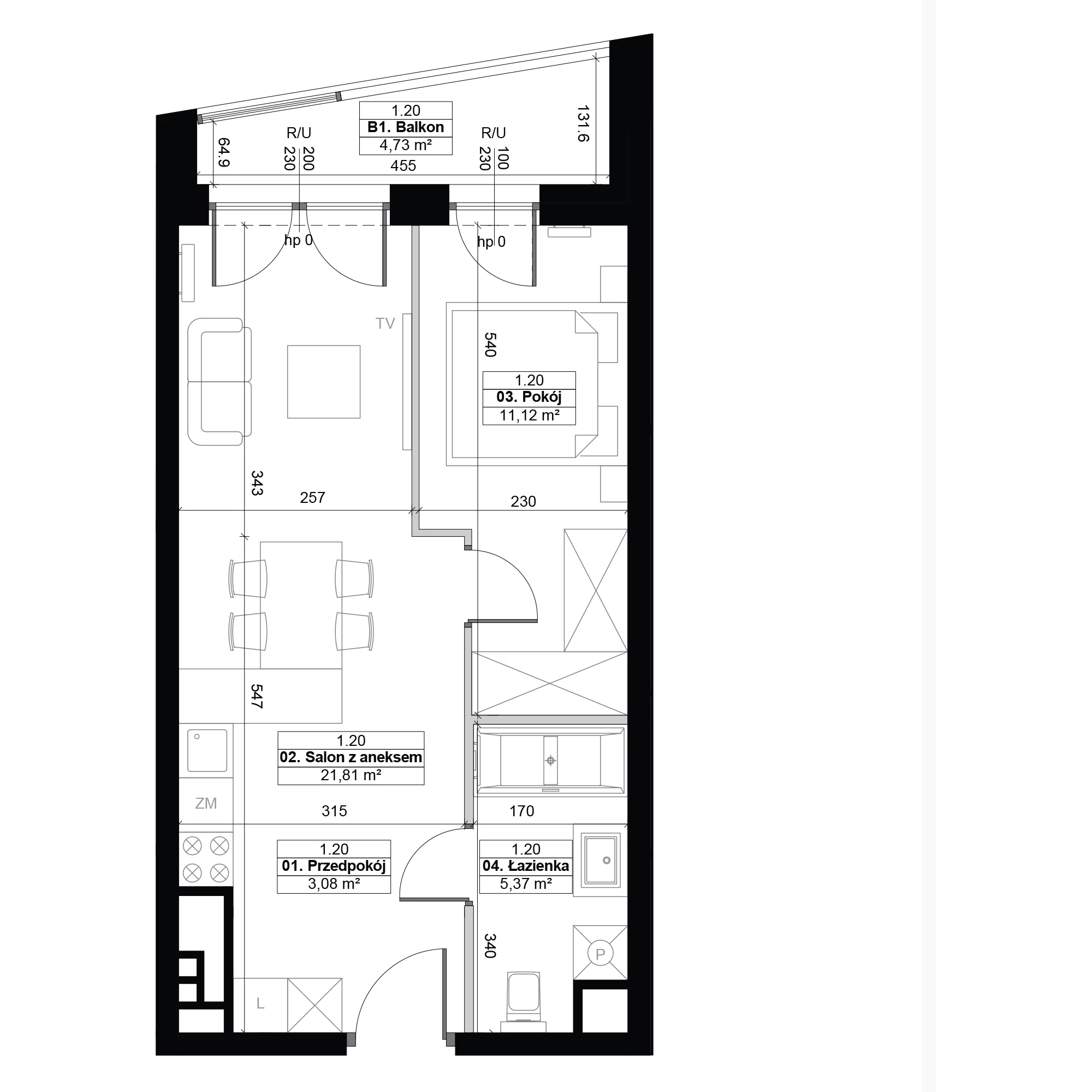 2 pokoje, mieszkanie 41,38 m², piętro 1, oferta nr 1.20, Diasfera III, Łódź, Śródmieście, al. Piłsudskiego 37