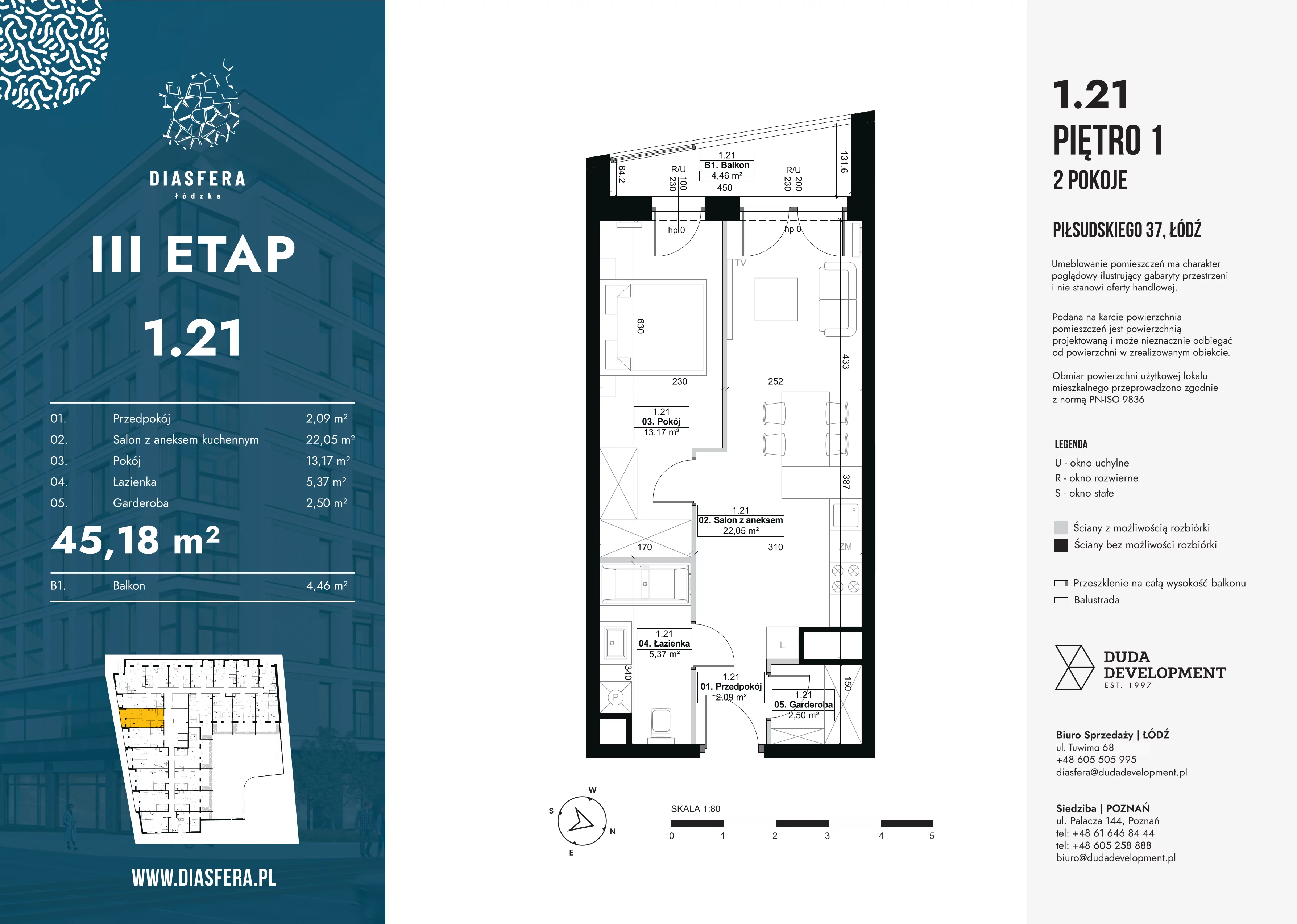 2 pokoje, mieszkanie 45,18 m², piętro 1, oferta nr 1.21, Diasfera III, Łódź, Śródmieście, al. Piłsudskiego 37