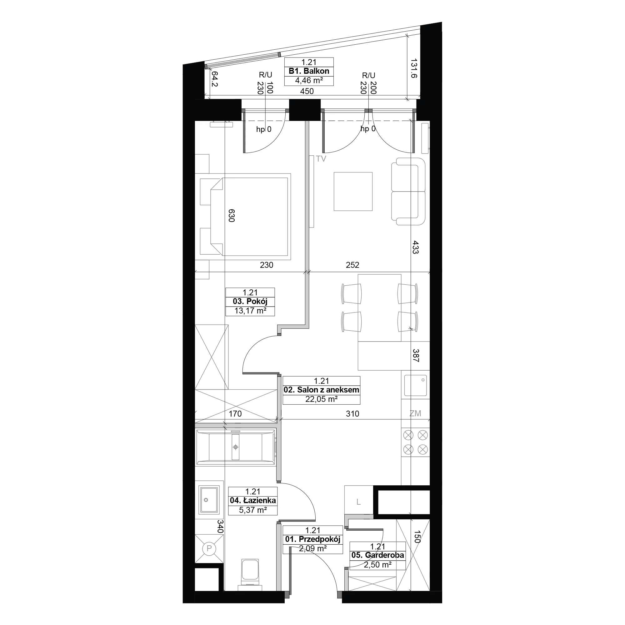 2 pokoje, mieszkanie 45,18 m², piętro 1, oferta nr 1.21, Diasfera III, Łódź, Śródmieście, al. Piłsudskiego 37