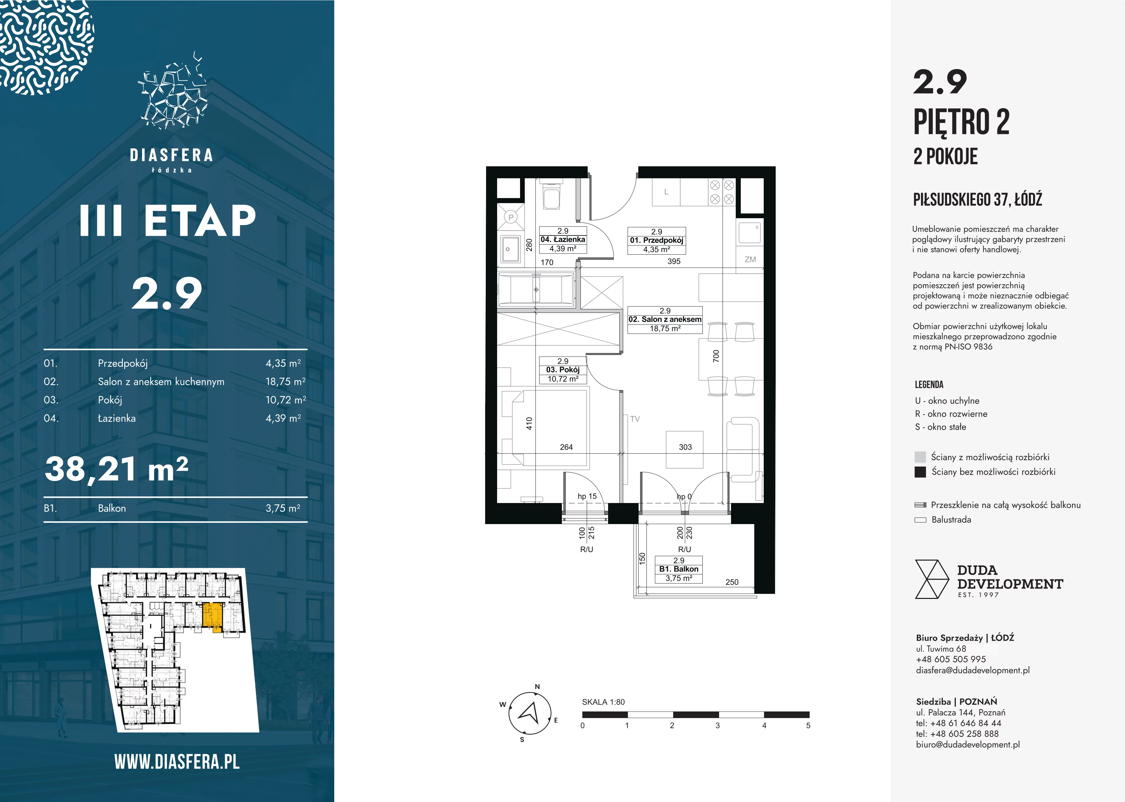 2 pokoje, mieszkanie 38,21 m², piętro 2, oferta nr 2.9, Diasfera III, Łódź, Śródmieście, al. Piłsudskiego 37