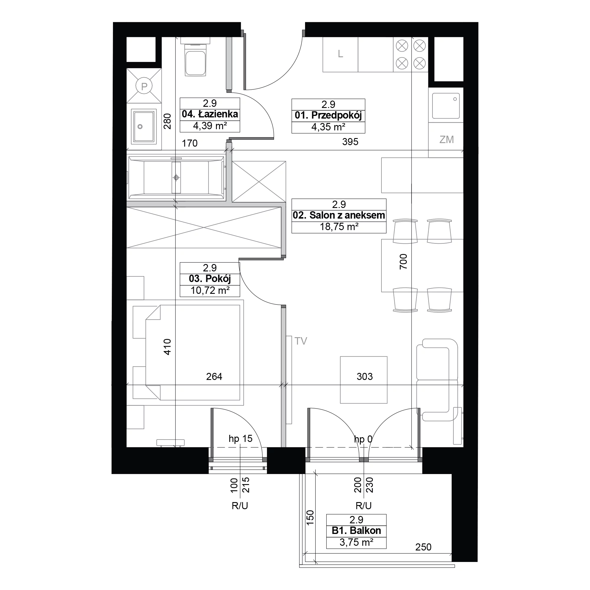 2 pokoje, mieszkanie 38,21 m², piętro 2, oferta nr 2.9, Diasfera III, Łódź, Śródmieście, al. Piłsudskiego 37