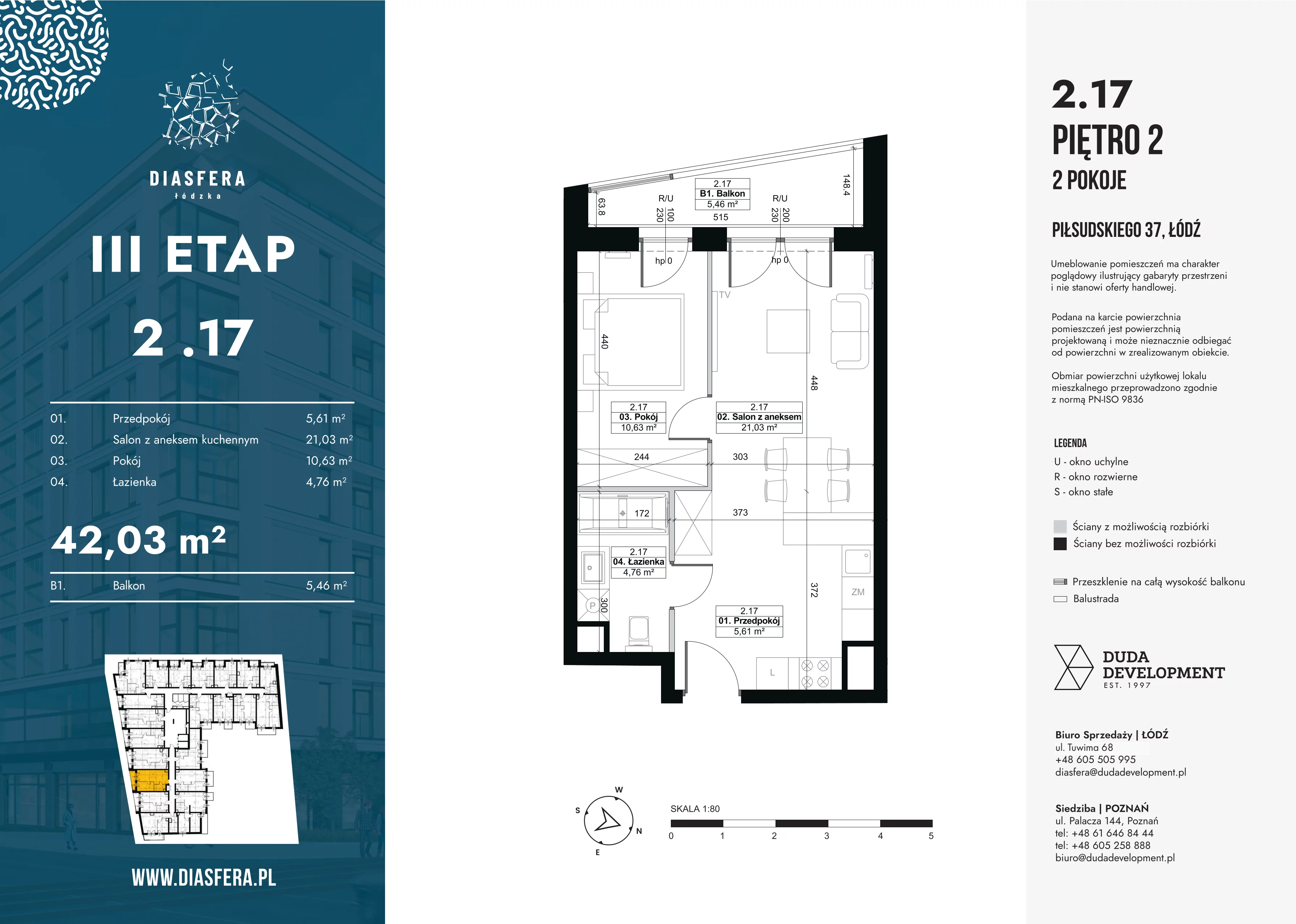 2 pokoje, mieszkanie 42,03 m², piętro 2, oferta nr 2.17, Diasfera III, Łódź, Śródmieście, al. Piłsudskiego 37