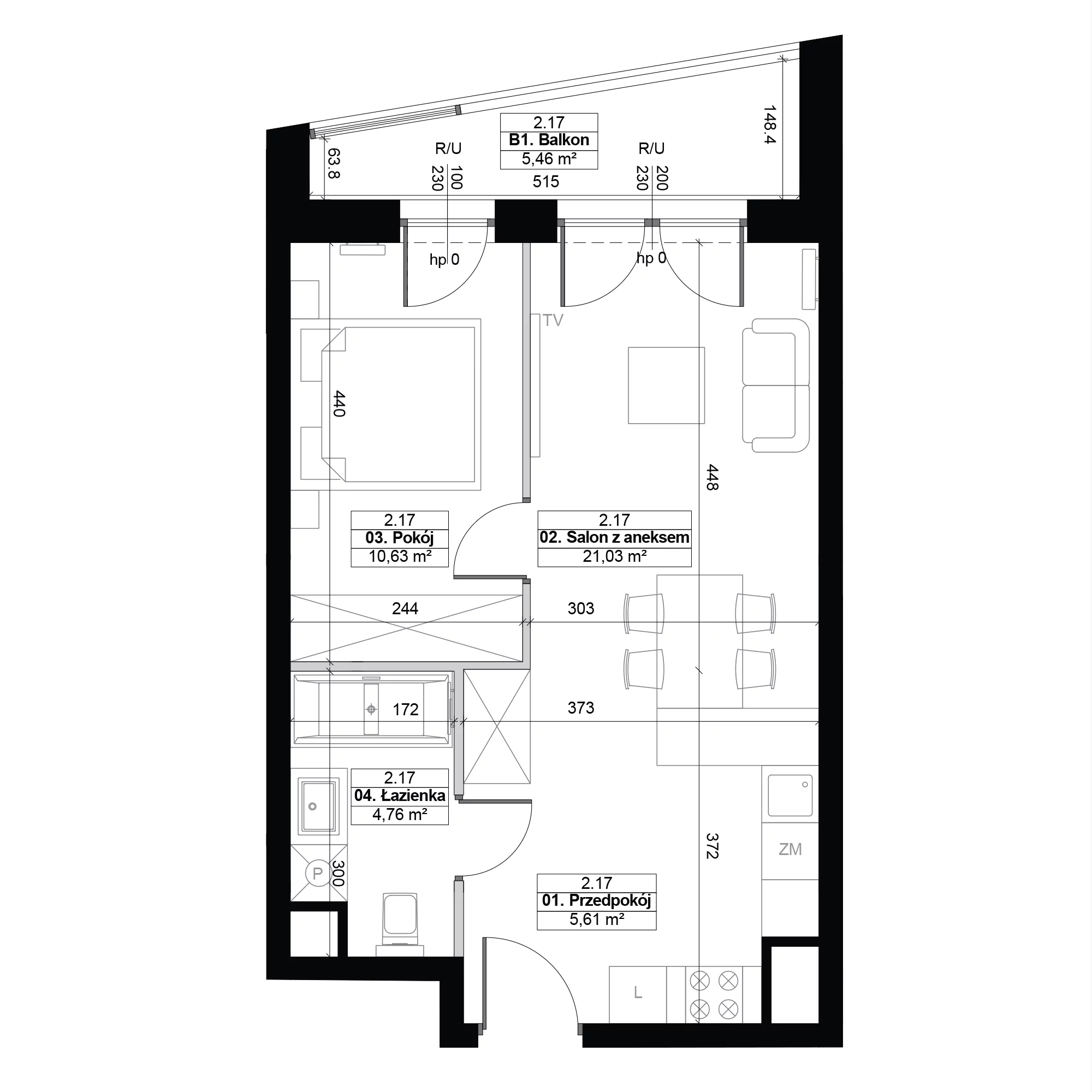 2 pokoje, mieszkanie 42,03 m², piętro 2, oferta nr 2.17, Diasfera III, Łódź, Śródmieście, al. Piłsudskiego 37