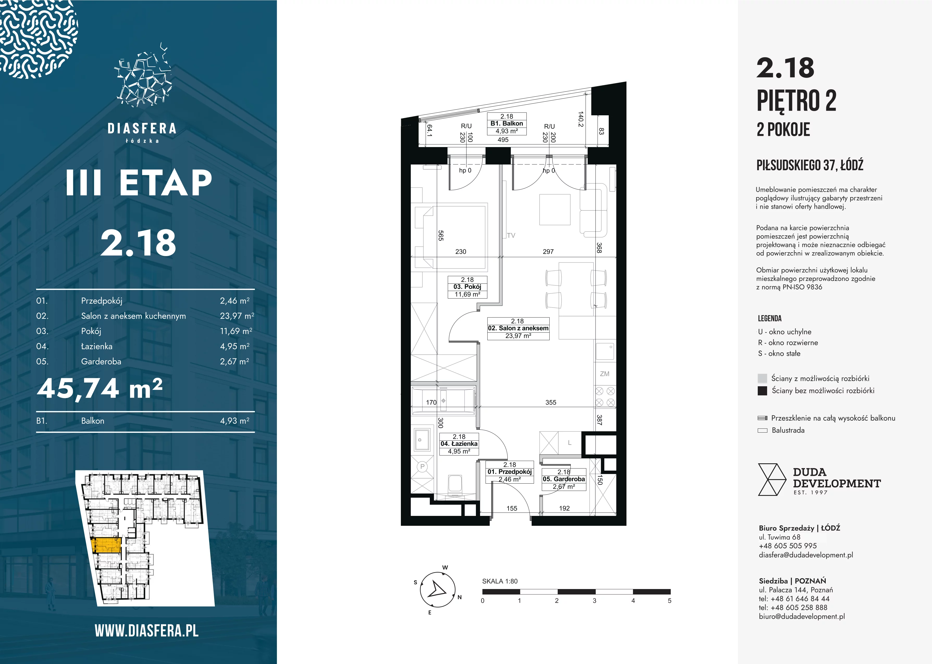 2 pokoje, mieszkanie 45,74 m², piętro 2, oferta nr 2.18, Diasfera III, Łódź, Śródmieście, al. Piłsudskiego 37