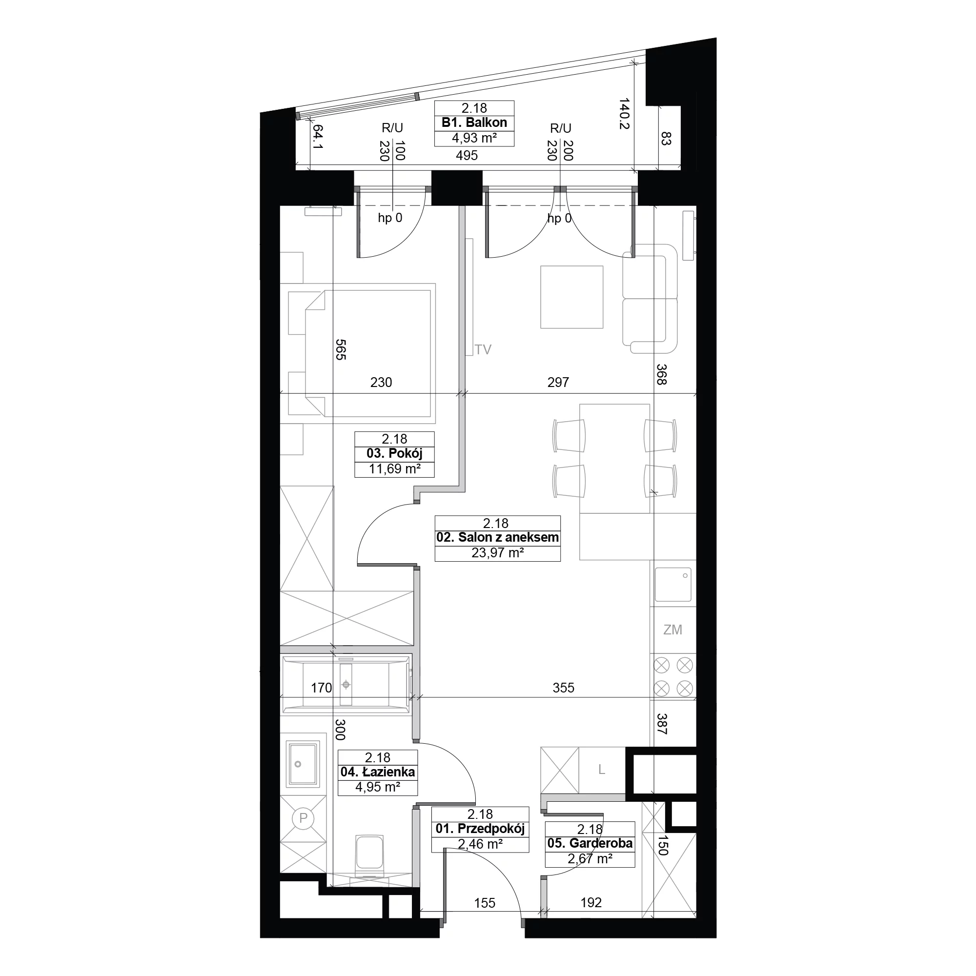 2 pokoje, mieszkanie 45,74 m², piętro 2, oferta nr 2.18, Diasfera III, Łódź, Śródmieście, al. Piłsudskiego 37