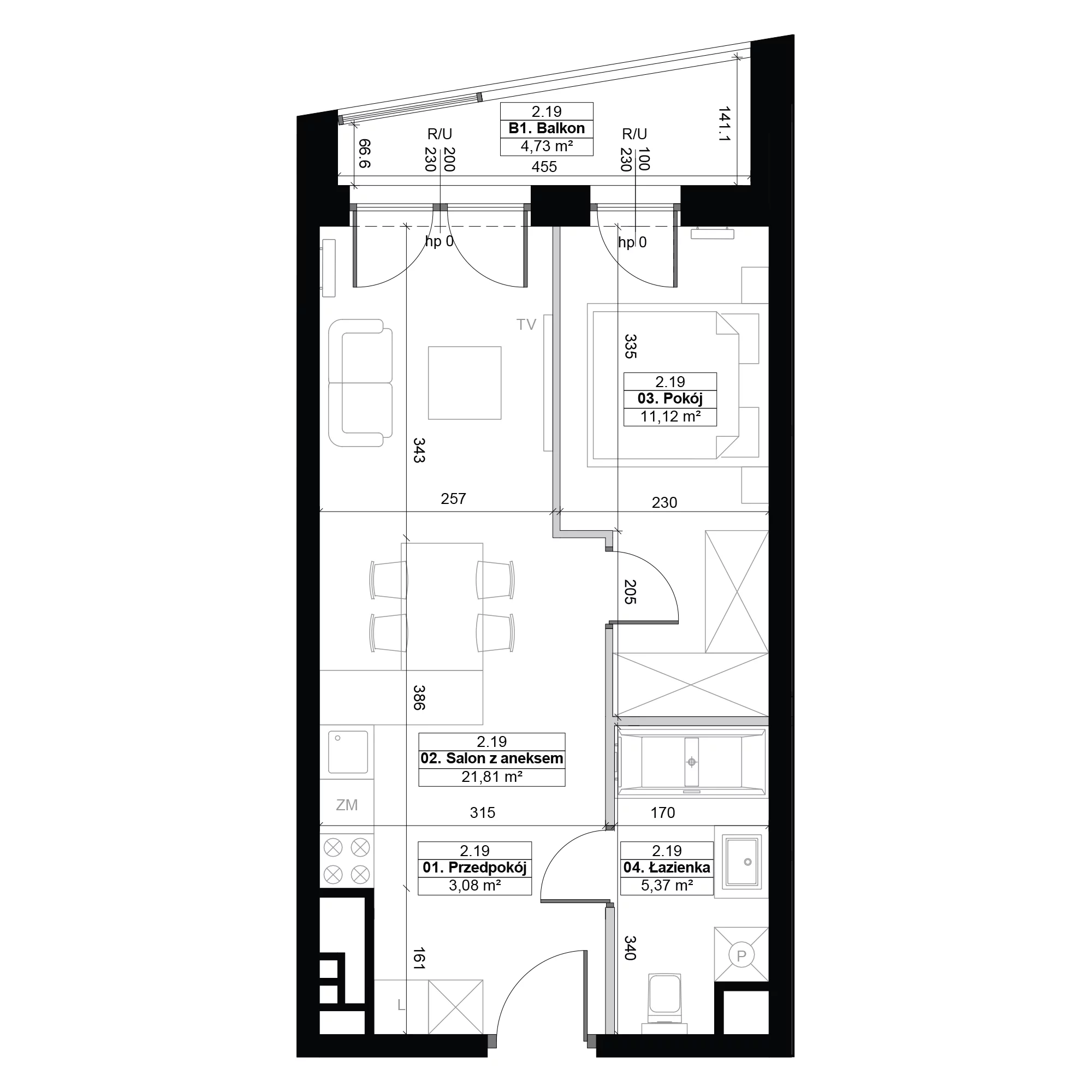 2 pokoje, mieszkanie 41,38 m², piętro 2, oferta nr 2.19, Diasfera III, Łódź, Śródmieście, al. Piłsudskiego 37