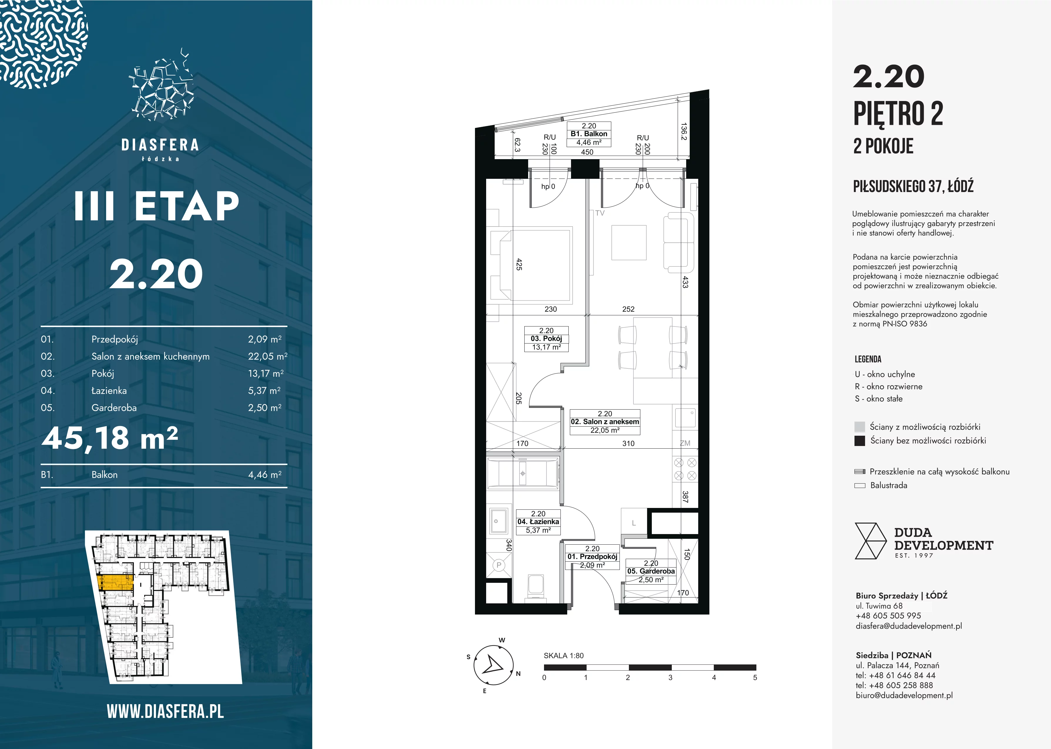 2 pokoje, mieszkanie 45,18 m², piętro 2, oferta nr 2.20, Diasfera III, Łódź, Śródmieście, al. Piłsudskiego 37