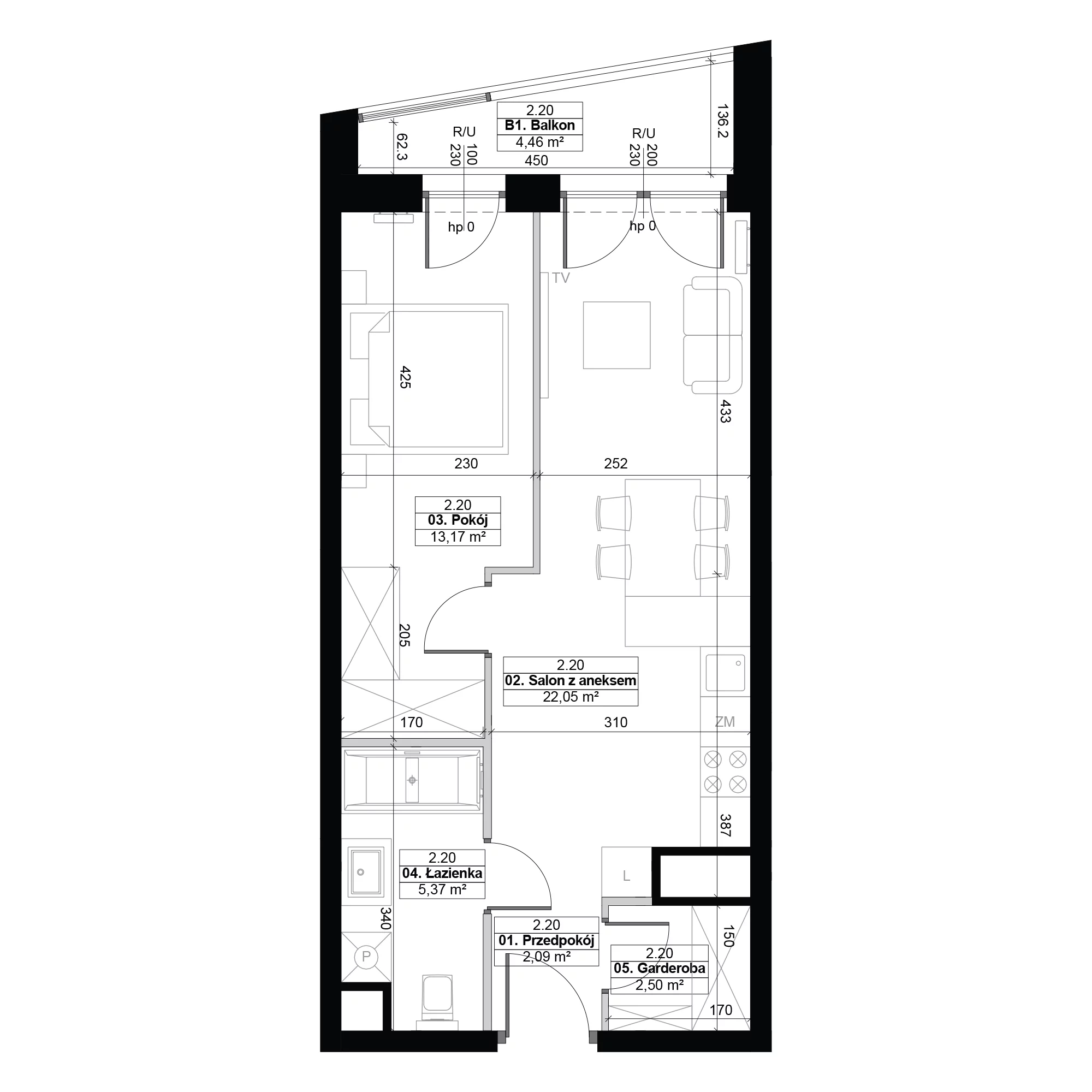 2 pokoje, mieszkanie 45,18 m², piętro 2, oferta nr 2.20, Diasfera III, Łódź, Śródmieście, al. Piłsudskiego 37