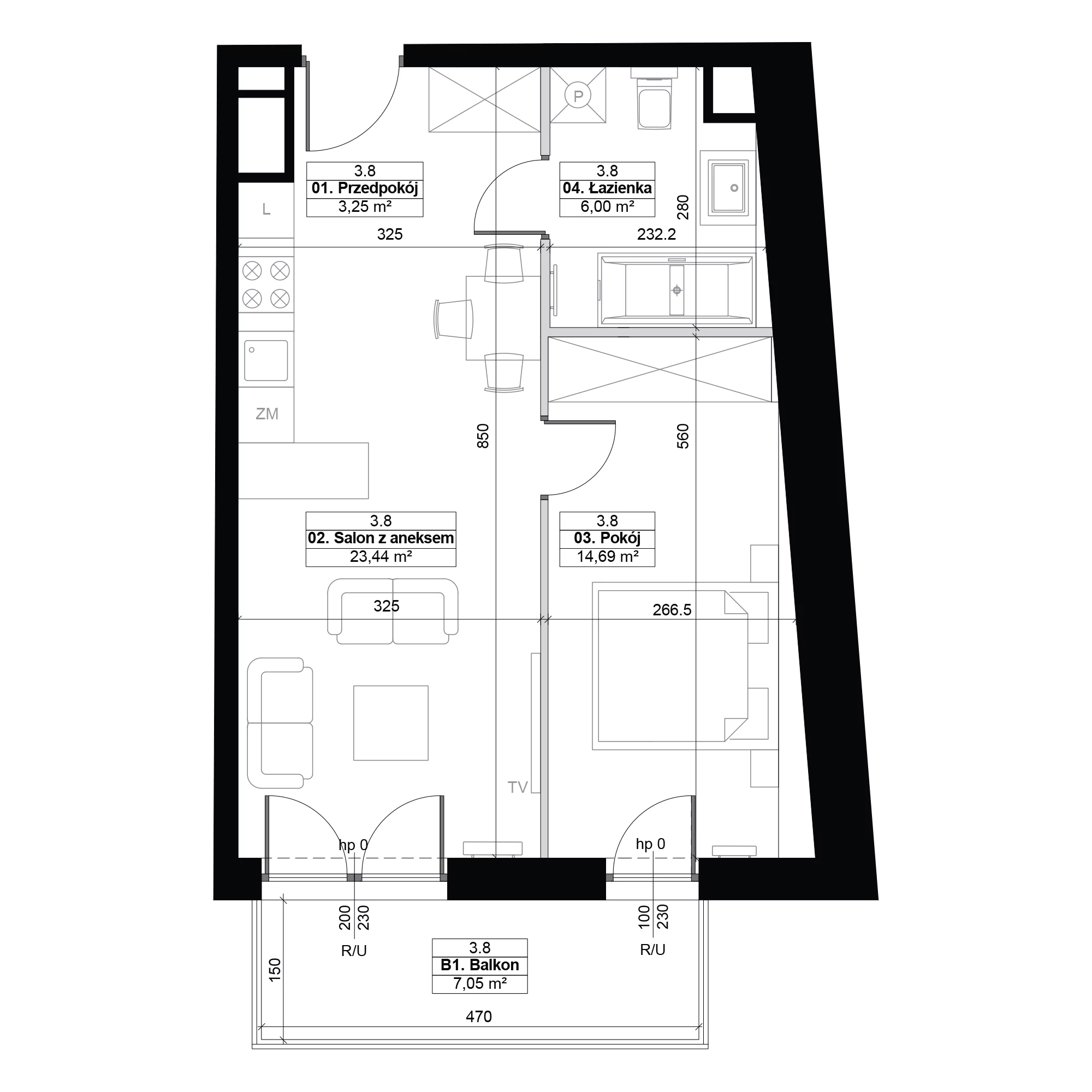 2 pokoje, mieszkanie 47,38 m², piętro 3, oferta nr 3.8, Diasfera III, Łódź, Śródmieście, al. Piłsudskiego 37