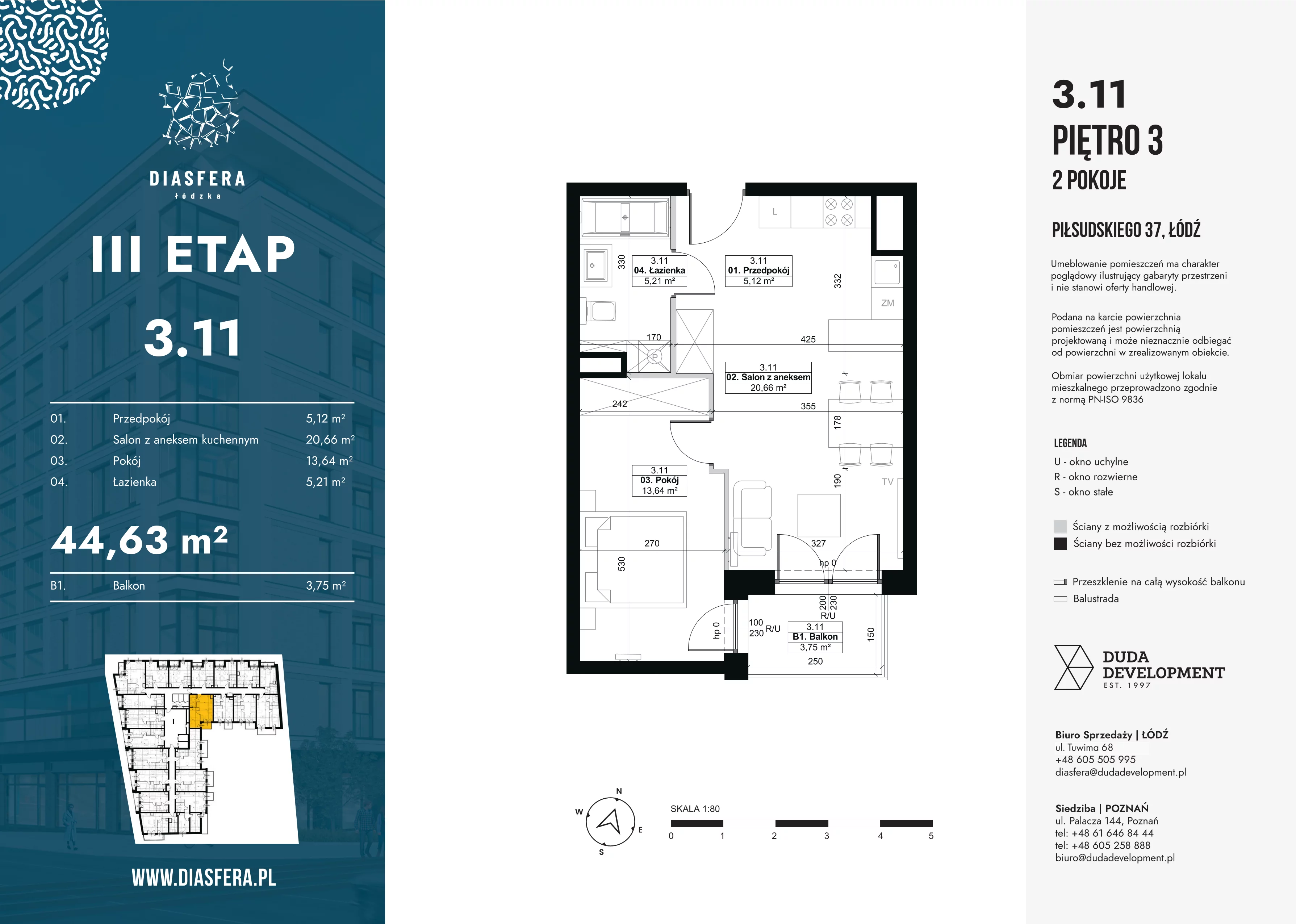 2 pokoje, mieszkanie 44,63 m², piętro 3, oferta nr 3.11, Diasfera III, Łódź, Śródmieście, al. Piłsudskiego 37