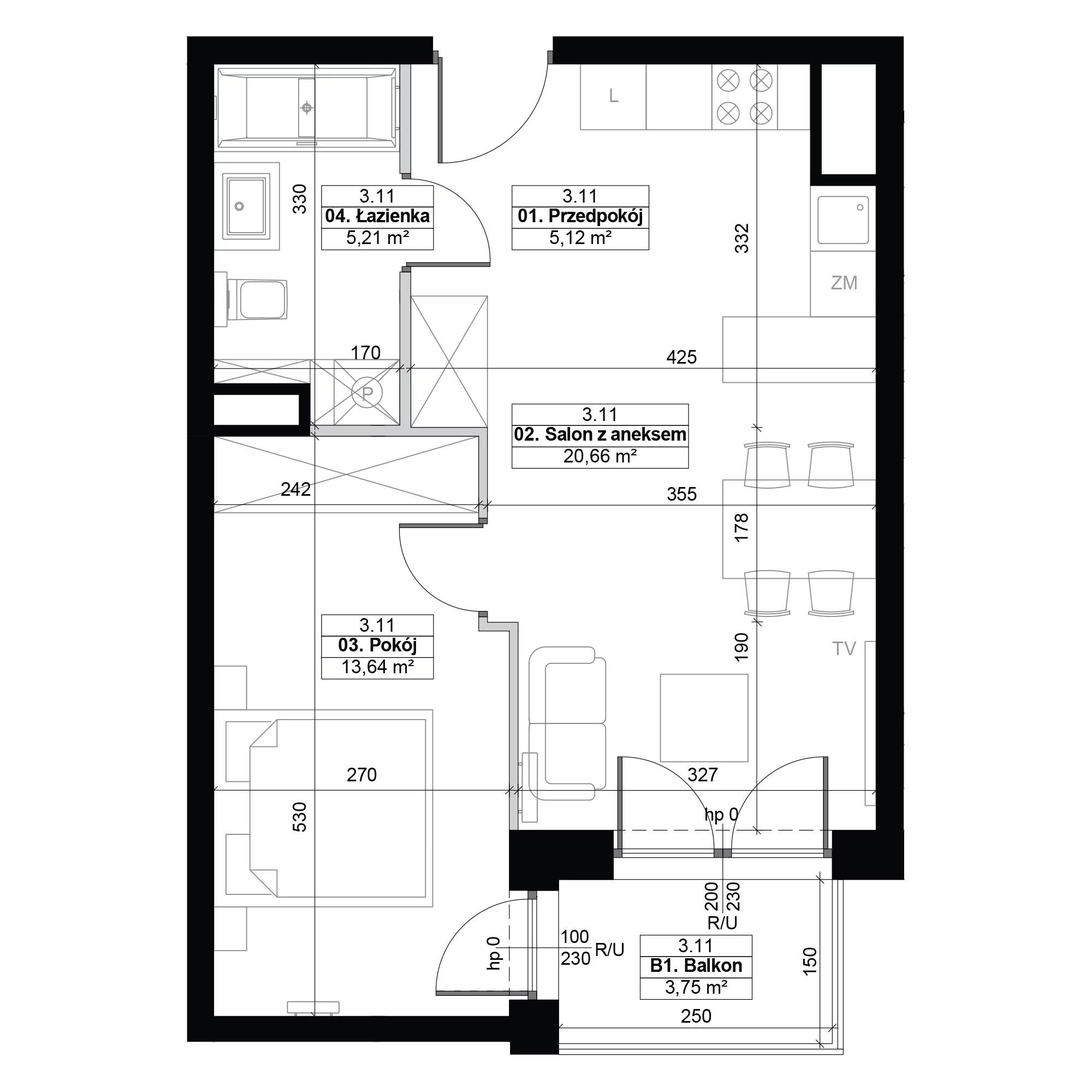 2 pokoje, mieszkanie 44,63 m², piętro 3, oferta nr 3.11, Diasfera III, Łódź, Śródmieście, al. Piłsudskiego 37
