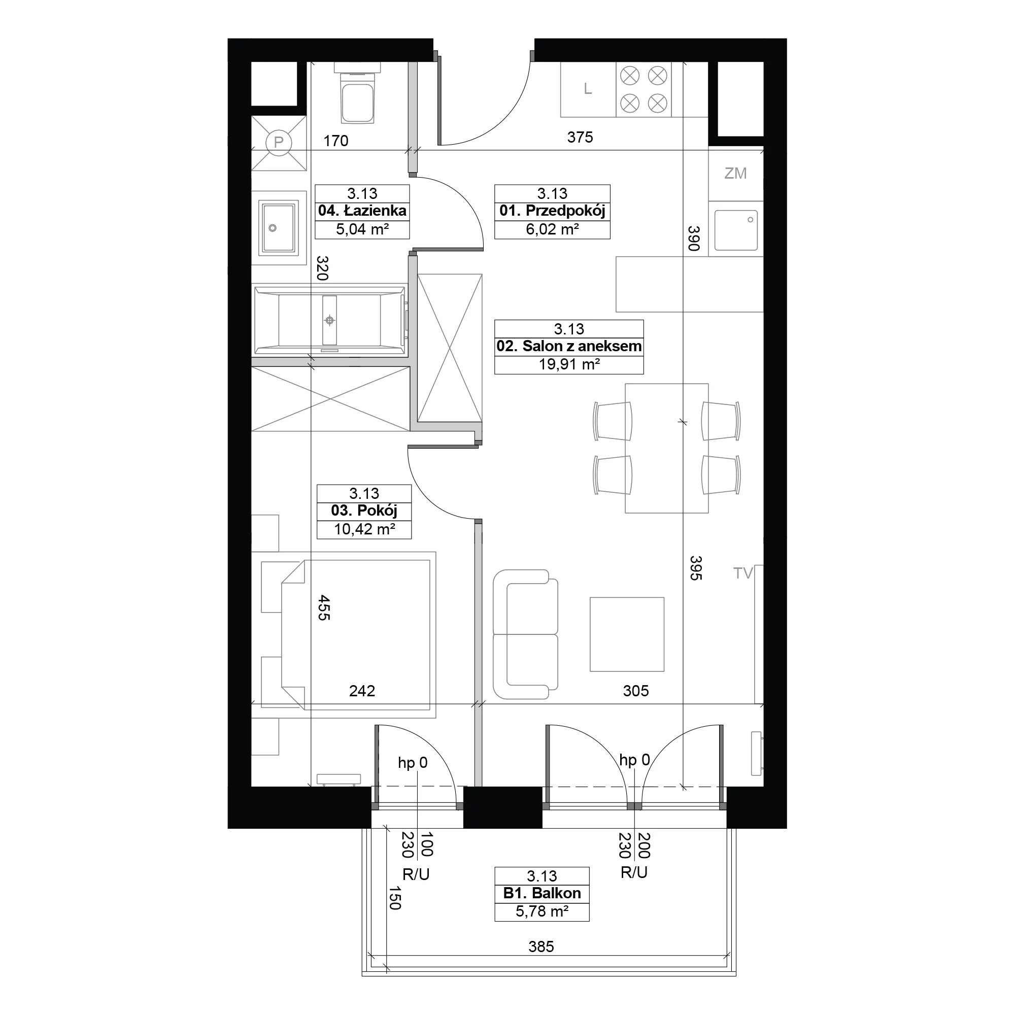 2 pokoje, mieszkanie 41,39 m², piętro 3, oferta nr 3.13, Diasfera III, Łódź, Śródmieście, al. Piłsudskiego 37
