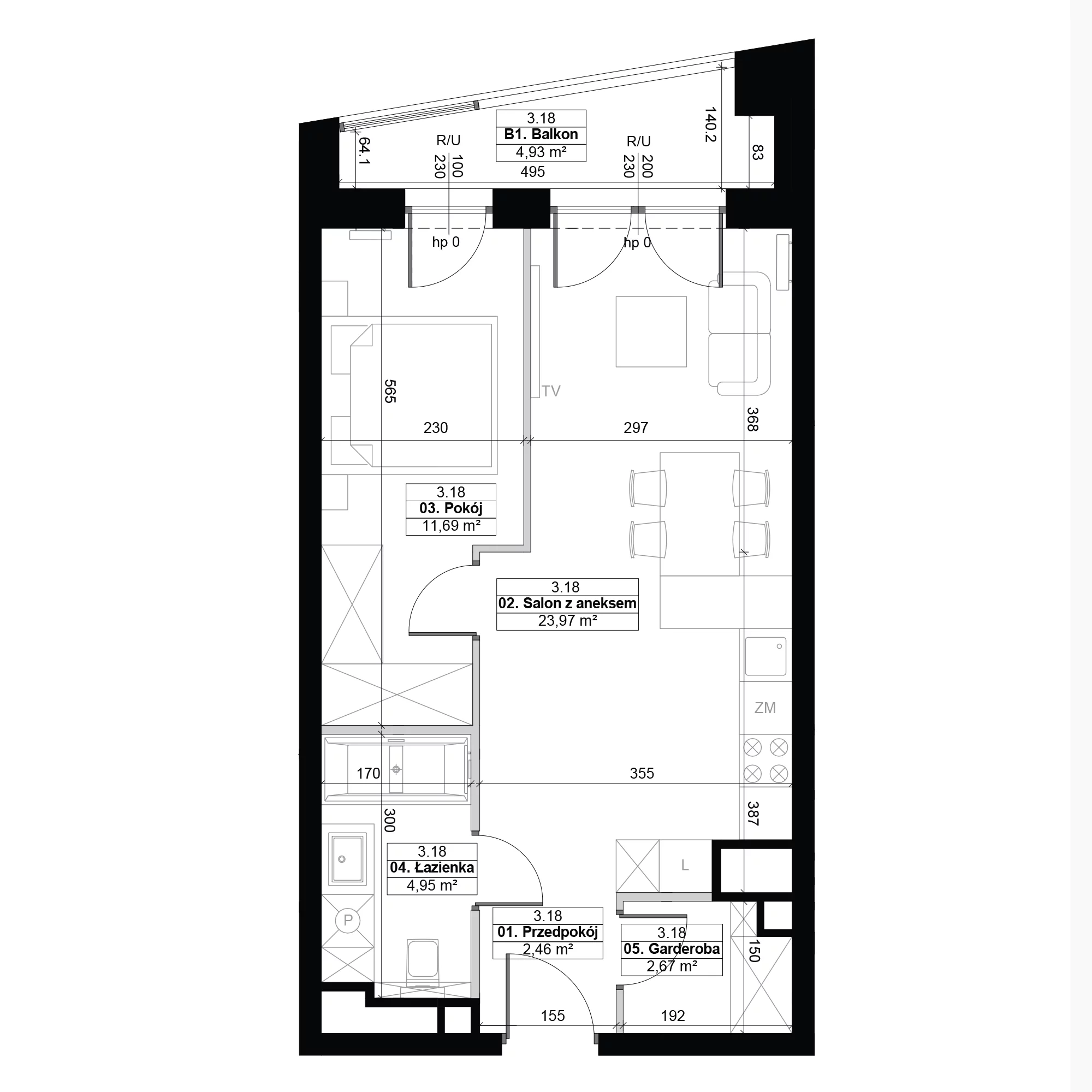 2 pokoje, mieszkanie 45,74 m², piętro 3, oferta nr 3.18, Diasfera III, Łódź, Śródmieście, al. Piłsudskiego 37
