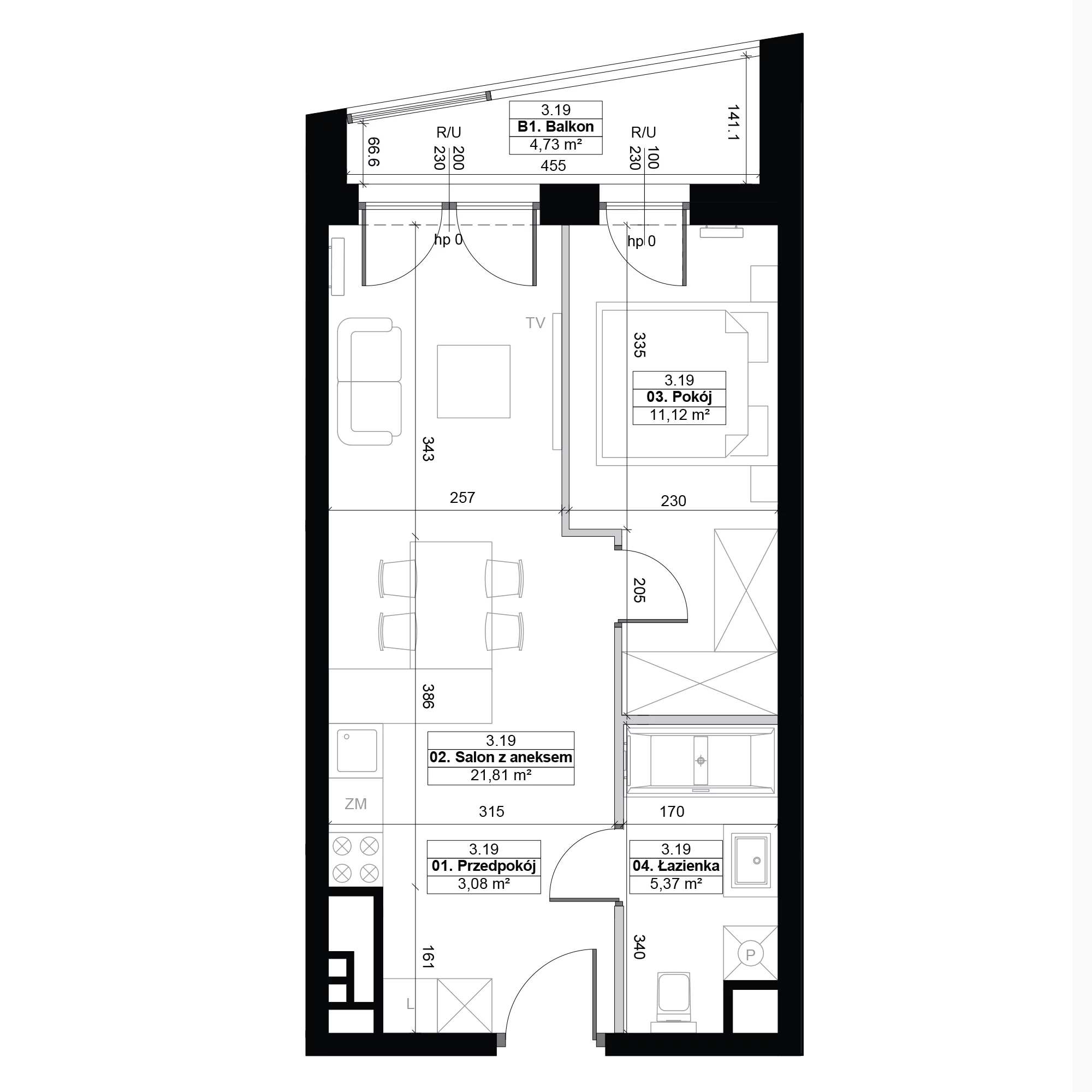2 pokoje, mieszkanie 41,38 m², piętro 3, oferta nr 3.19, Diasfera III, Łódź, Śródmieście, al. Piłsudskiego 37