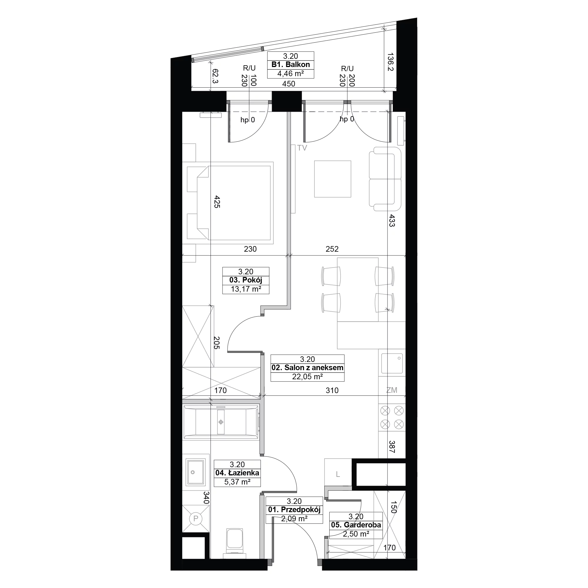 2 pokoje, mieszkanie 45,18 m², piętro 3, oferta nr 3.20, Diasfera III, Łódź, Śródmieście, al. Piłsudskiego 37