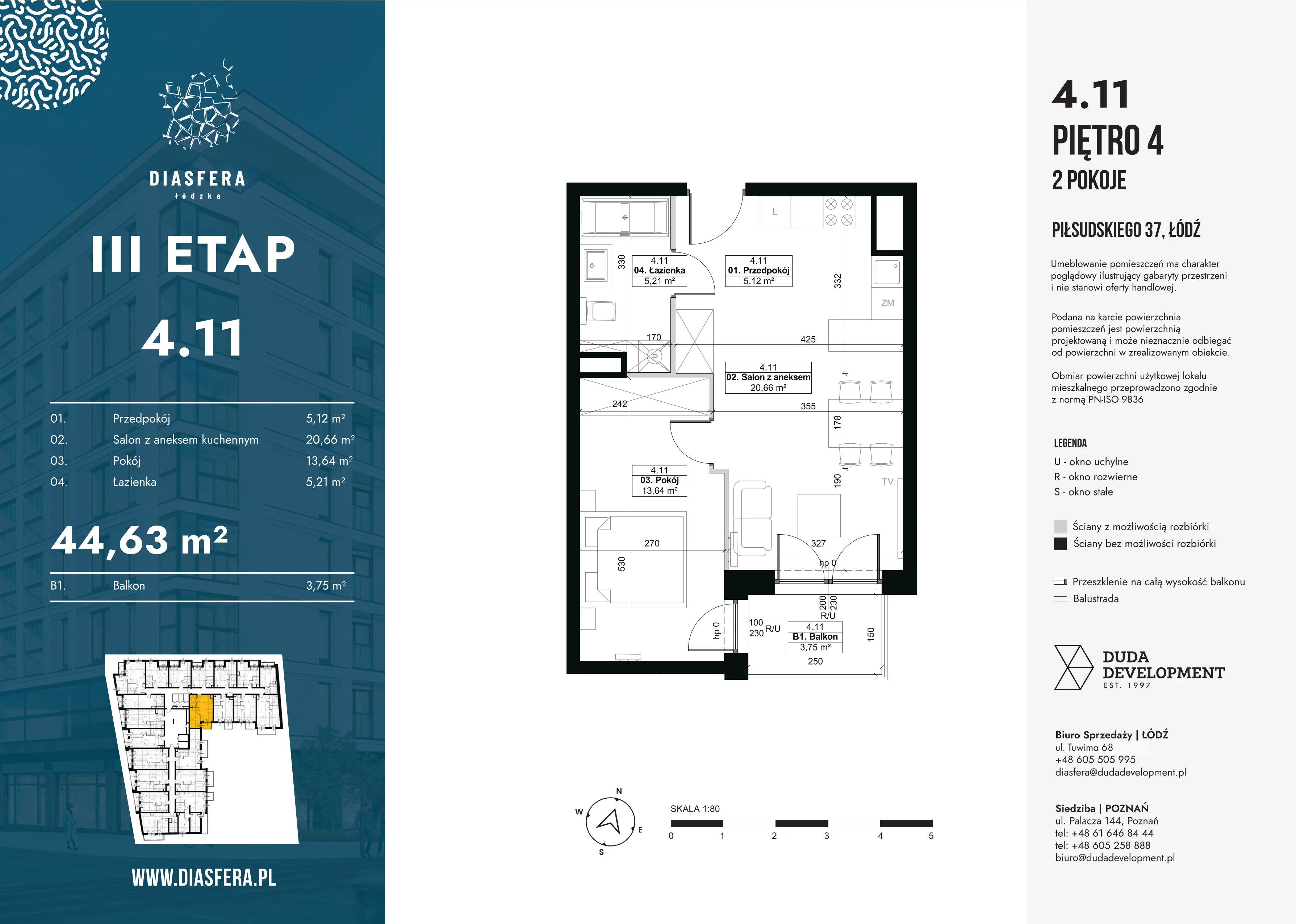 2 pokoje, mieszkanie 44,63 m², piętro 4, oferta nr 4.11, Diasfera III, Łódź, Śródmieście, al. Piłsudskiego 37