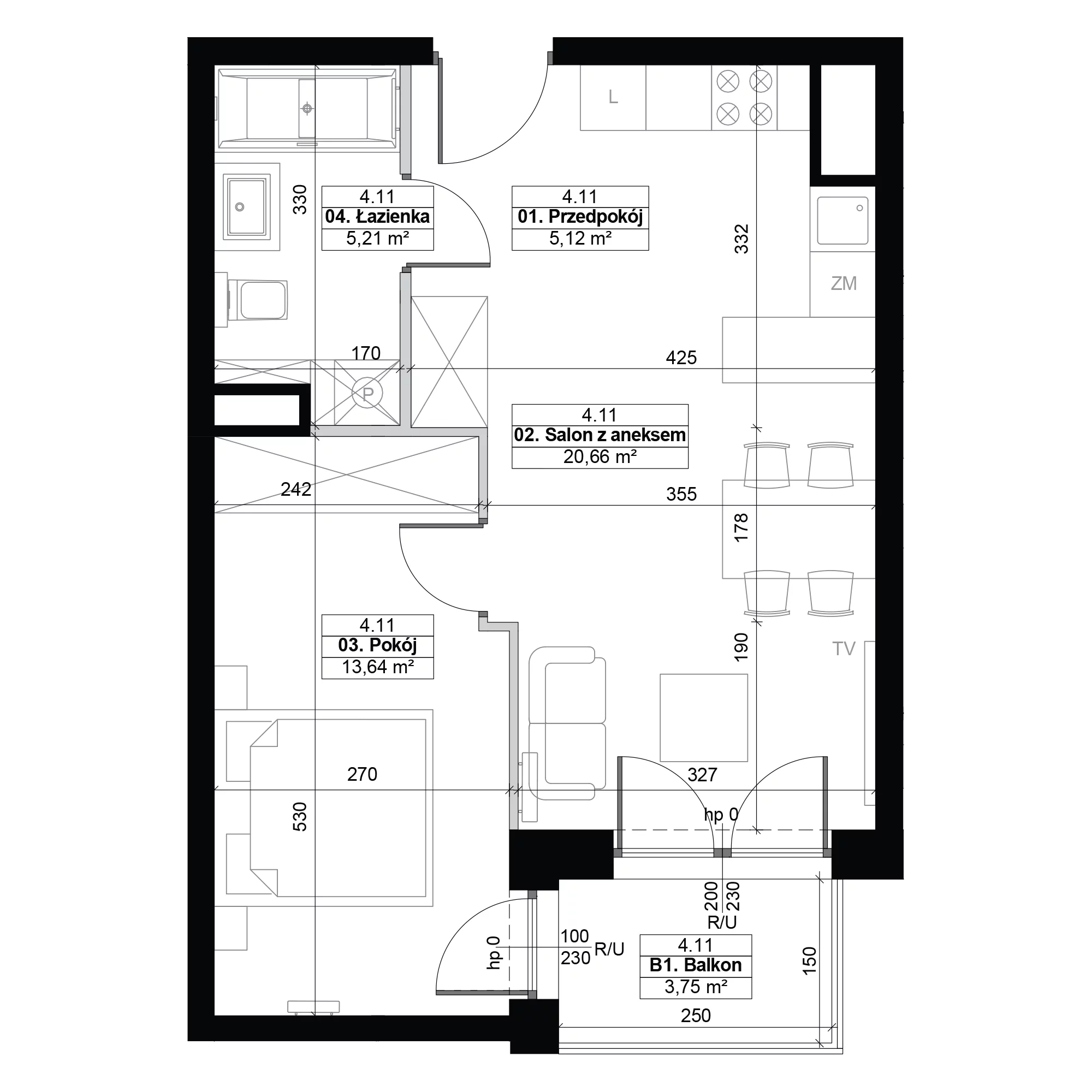 2 pokoje, mieszkanie 44,63 m², piętro 4, oferta nr 4.11, Diasfera III, Łódź, Śródmieście, al. Piłsudskiego 37