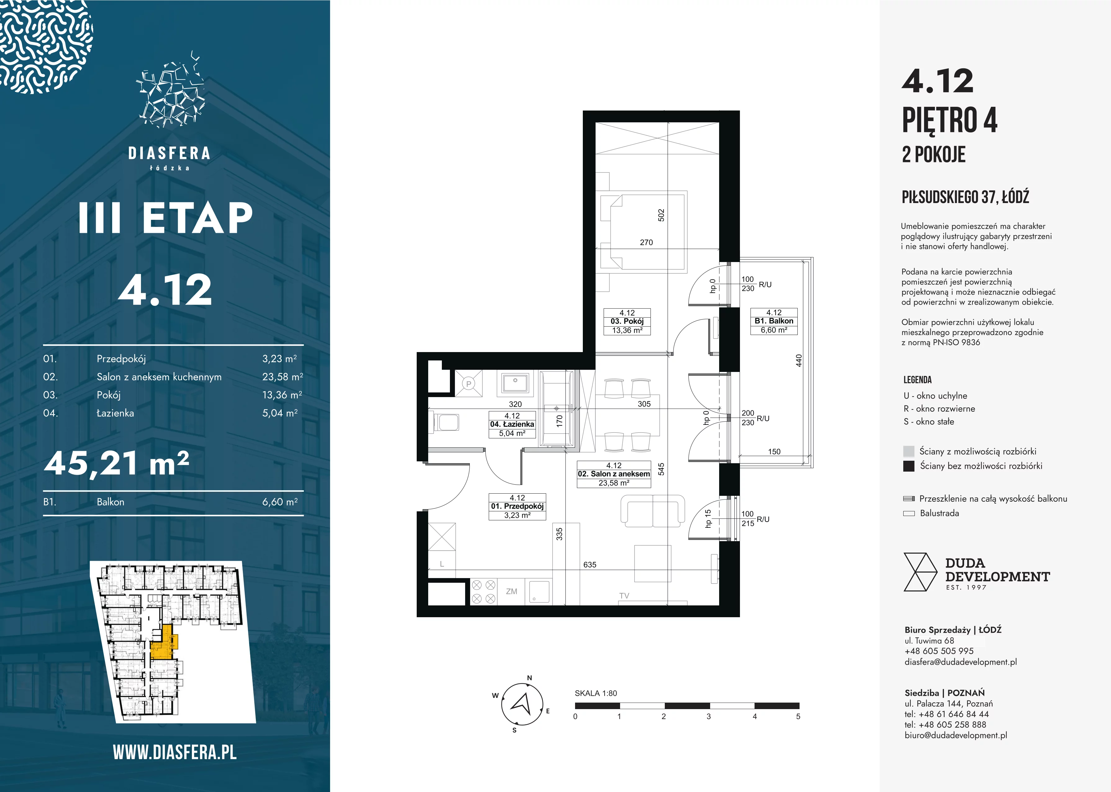 2 pokoje, mieszkanie 45,21 m², piętro 4, oferta nr 4.12, Diasfera III, Łódź, Śródmieście, al. Piłsudskiego 37