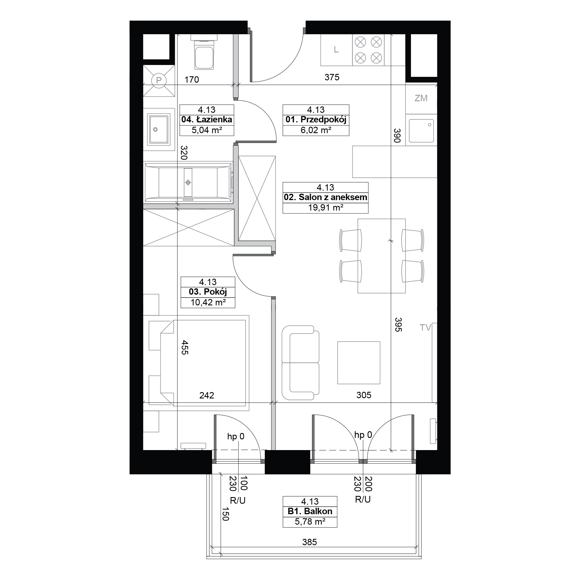 2 pokoje, mieszkanie 41,39 m², piętro 4, oferta nr 4.13, Diasfera III, Łódź, Śródmieście, al. Piłsudskiego 37
