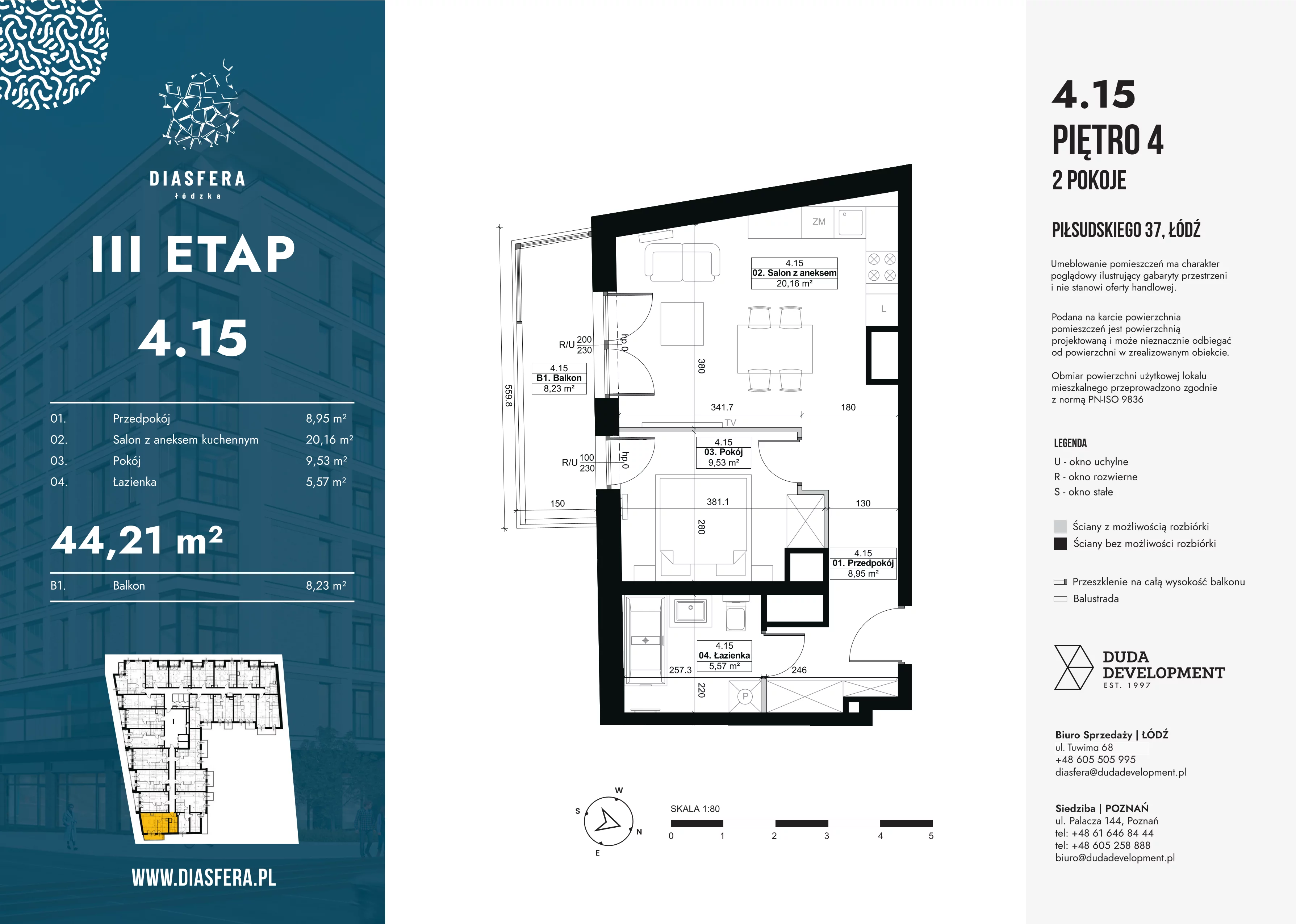 2 pokoje, mieszkanie 44,21 m², piętro 4, oferta nr 4.15, Diasfera III, Łódź, Śródmieście, al. Piłsudskiego 37