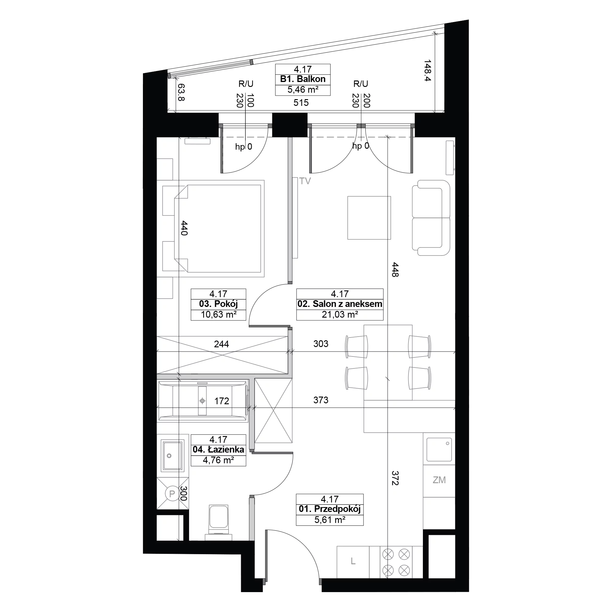 2 pokoje, mieszkanie 42,03 m², piętro 4, oferta nr 4.17, Diasfera III, Łódź, Śródmieście, al. Piłsudskiego 37