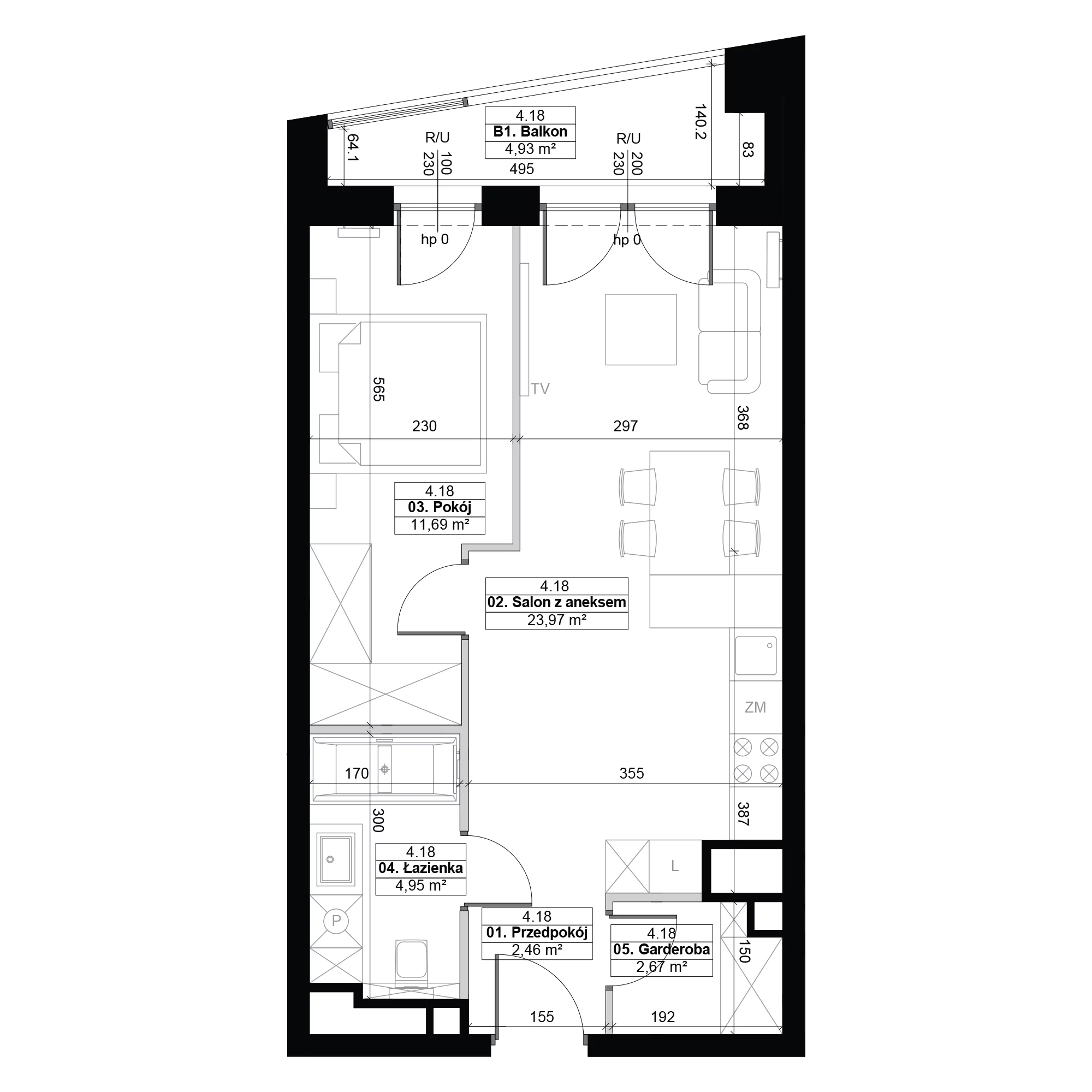 2 pokoje, mieszkanie 45,74 m², piętro 4, oferta nr 4.18, Diasfera III, Łódź, Śródmieście, al. Piłsudskiego 37