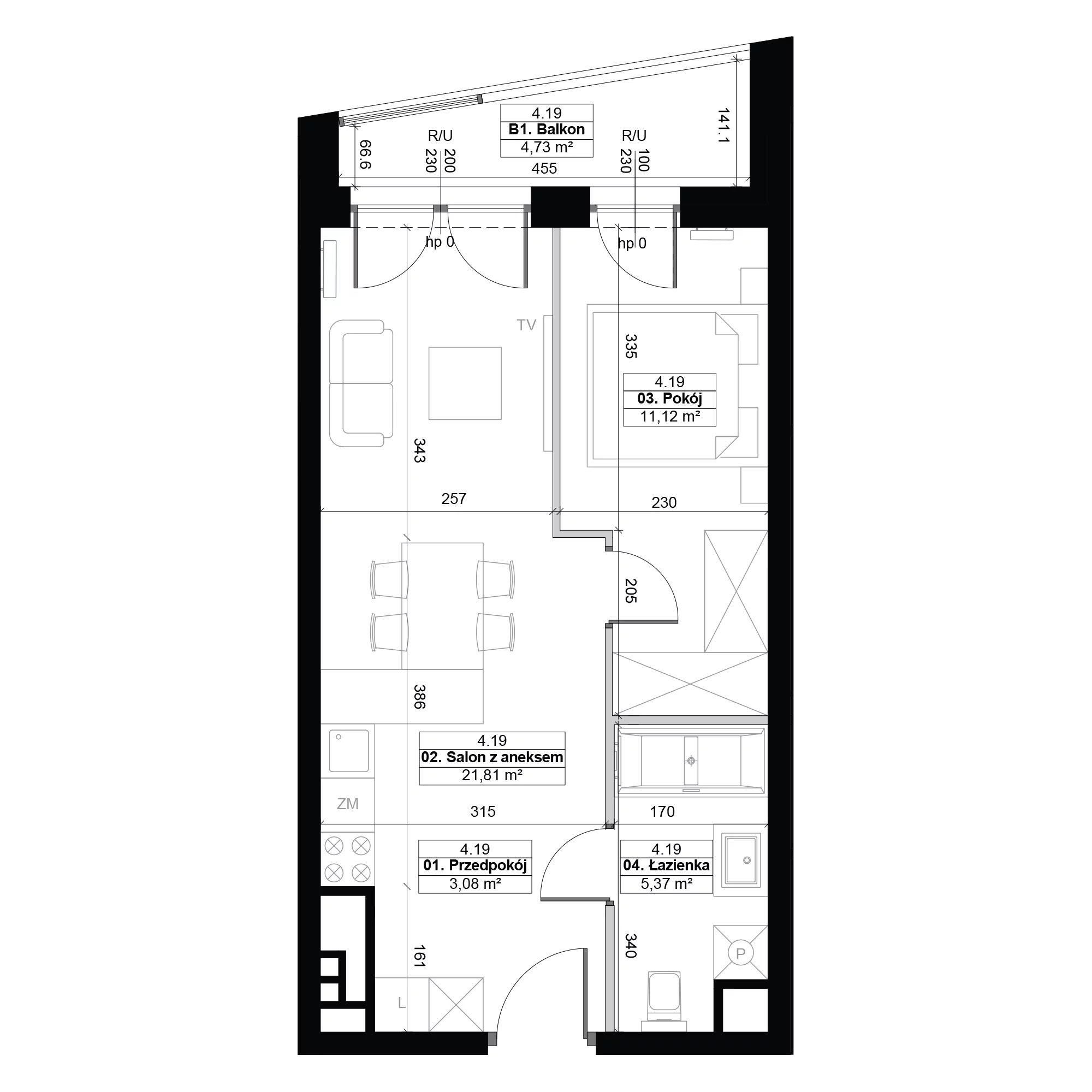 2 pokoje, mieszkanie 41,38 m², piętro 4, oferta nr 4.19, Diasfera III, Łódź, Śródmieście, al. Piłsudskiego 37