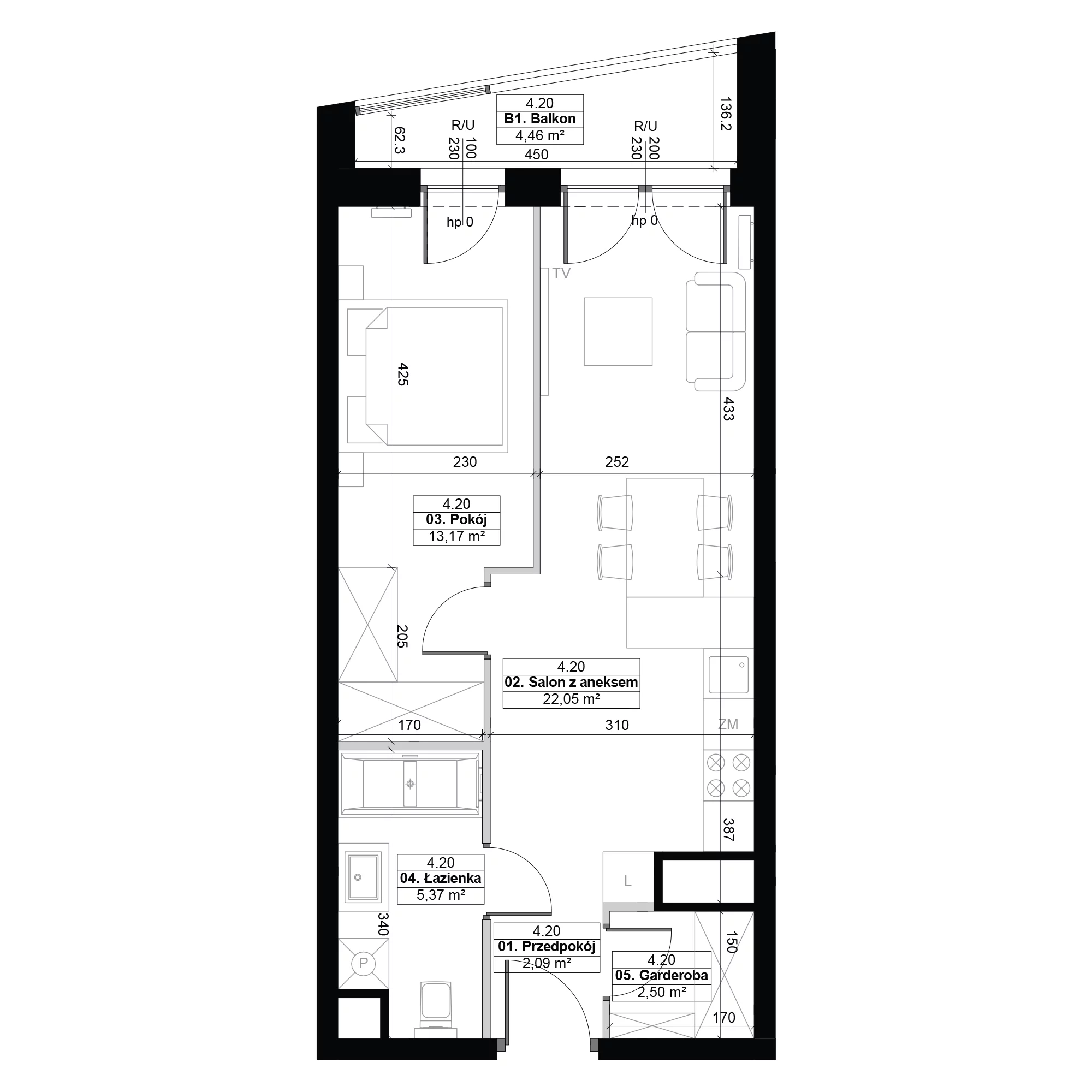 2 pokoje, mieszkanie 45,18 m², piętro 4, oferta nr 4.20, Diasfera III, Łódź, Śródmieście, al. Piłsudskiego 37