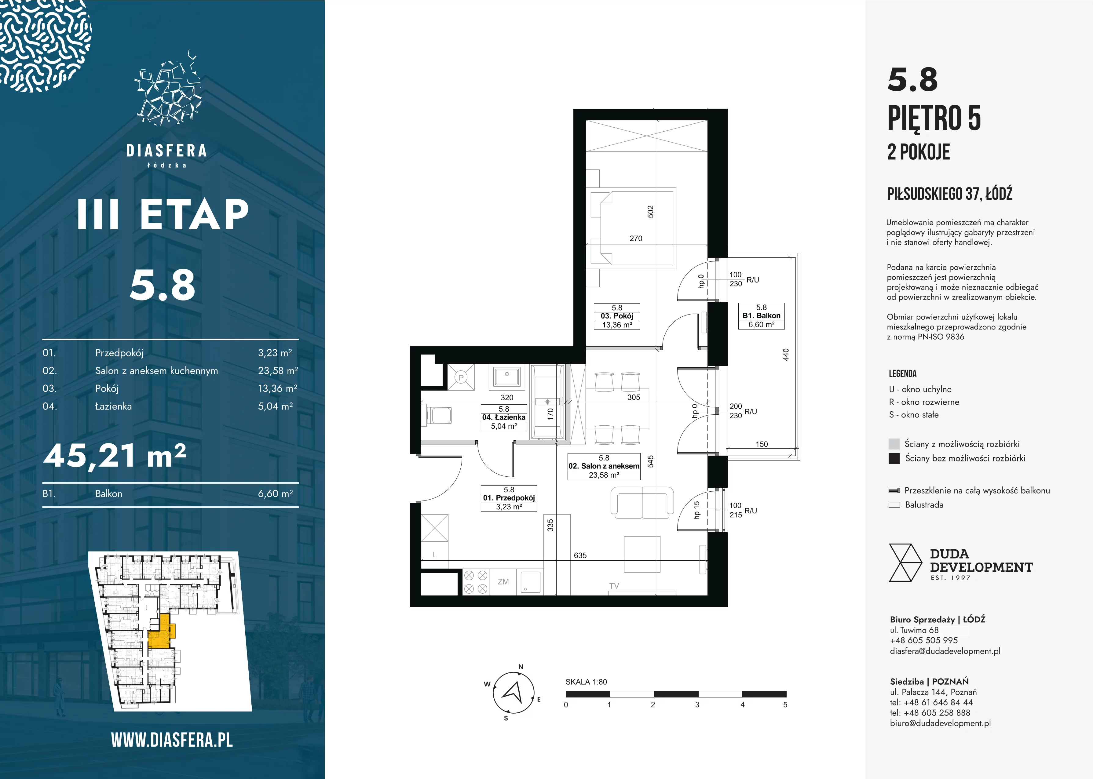 2 pokoje, mieszkanie 45,21 m², piętro 5, oferta nr 5.8, Diasfera III, Łódź, Śródmieście, al. Piłsudskiego 37