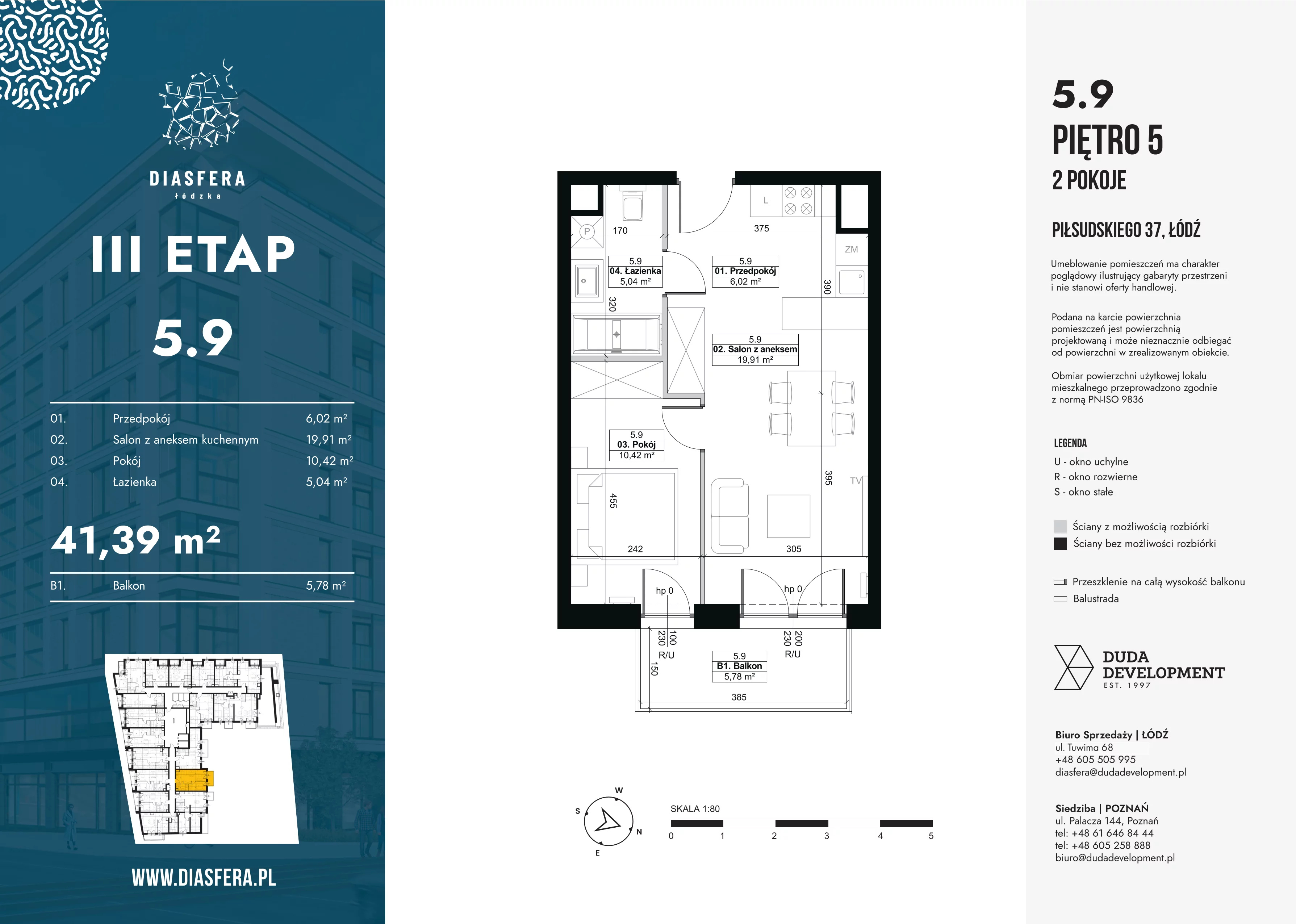 2 pokoje, mieszkanie 41,39 m², piętro 5, oferta nr 5.9, Diasfera III, Łódź, Śródmieście, al. Piłsudskiego 37