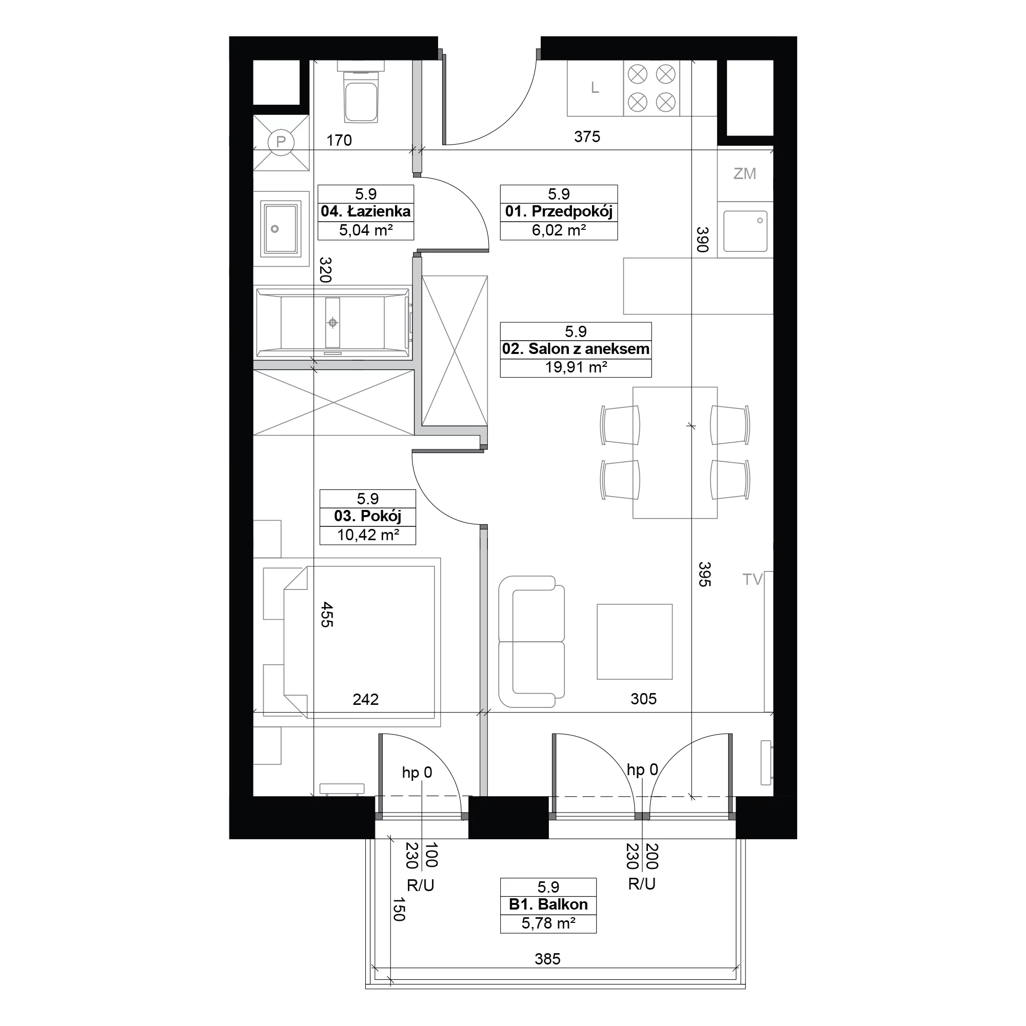 2 pokoje, mieszkanie 41,39 m², piętro 5, oferta nr 5.9, Diasfera III, Łódź, Śródmieście, al. Piłsudskiego 37