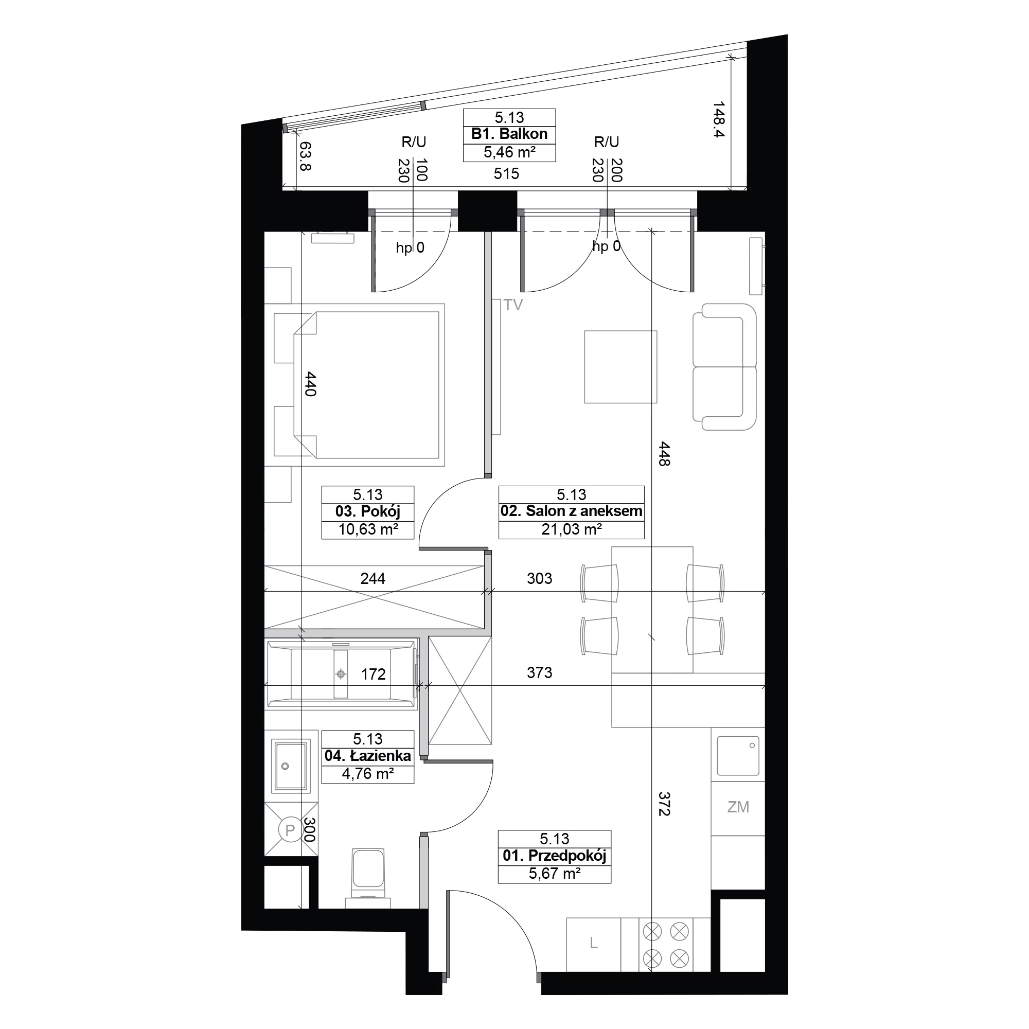 2 pokoje, mieszkanie 42,09 m², piętro 5, oferta nr 5.13, Diasfera III, Łódź, Śródmieście, al. Piłsudskiego 37