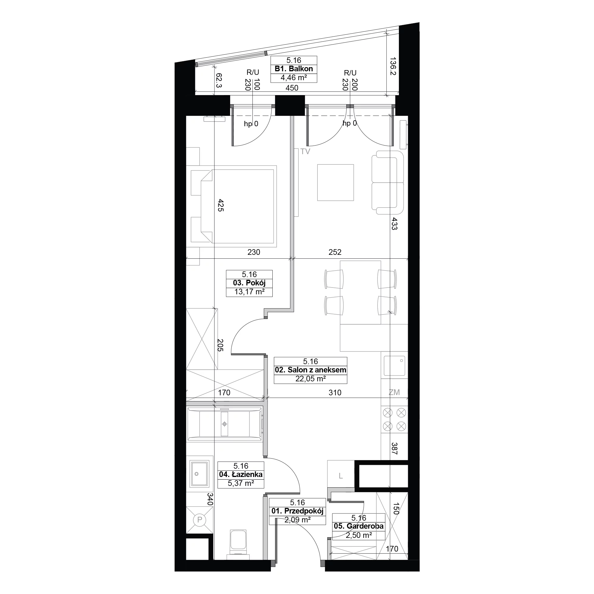 2 pokoje, mieszkanie 45,18 m², piętro 5, oferta nr 5.16, Diasfera III, Łódź, Śródmieście, al. Piłsudskiego 37