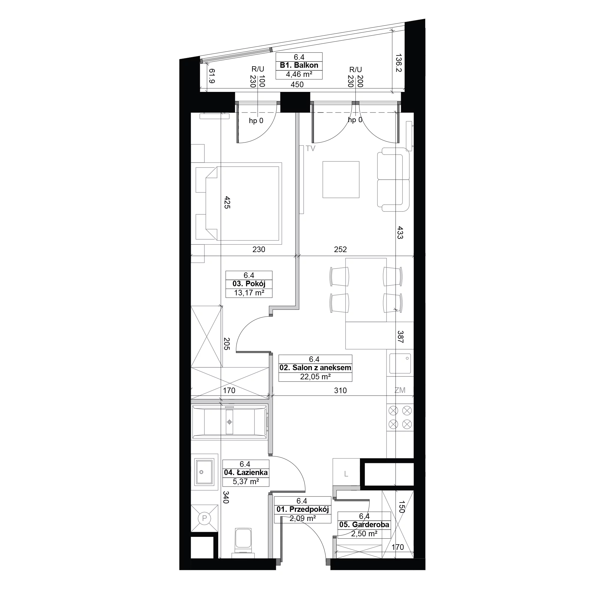 2 pokoje, mieszkanie 45,18 m², piętro 6, oferta nr 6.4, Diasfera III, Łódź, Śródmieście, al. Piłsudskiego 37