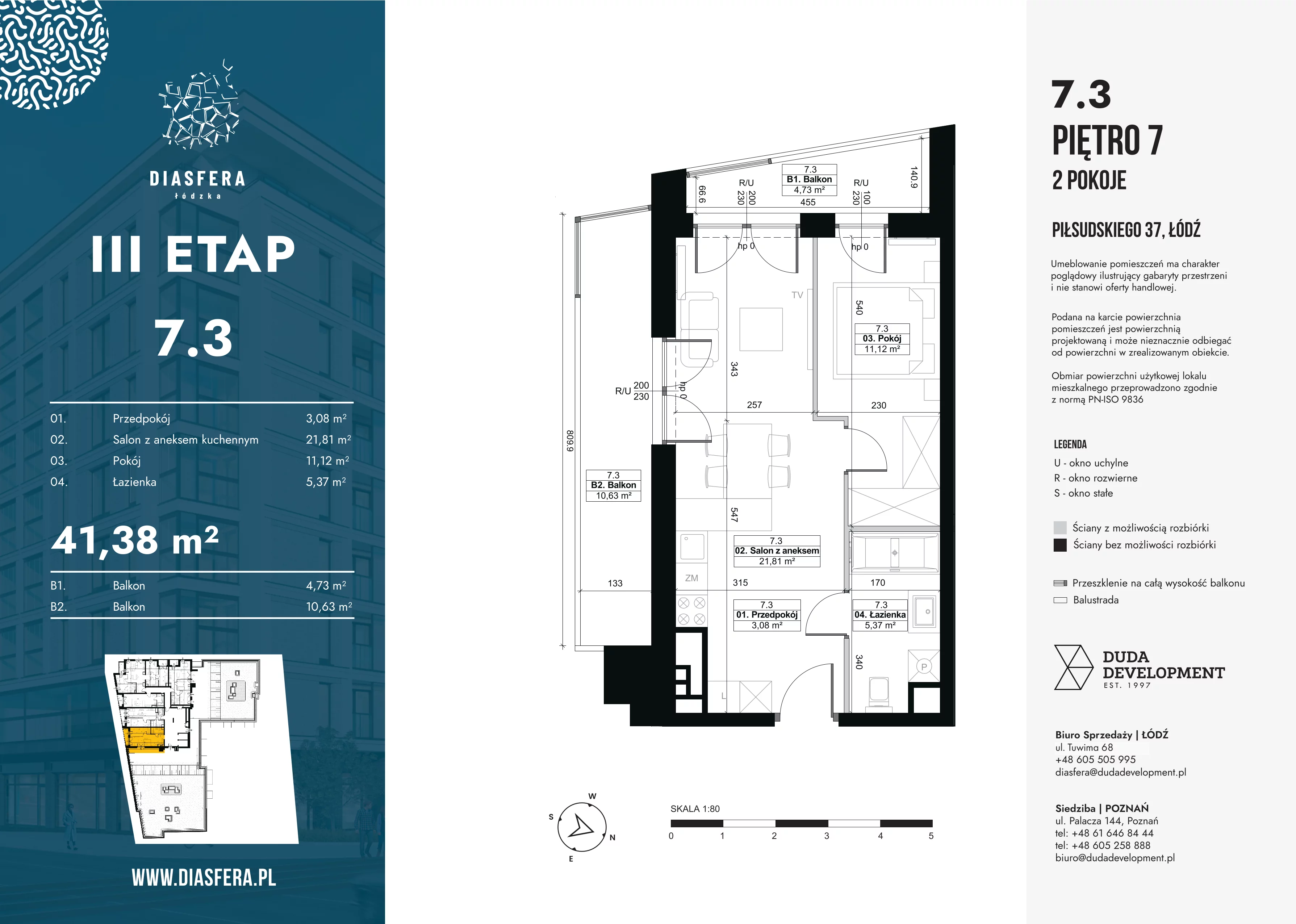 2 pokoje, mieszkanie 41,38 m², piętro 7, oferta nr 7.3, Diasfera III, Łódź, Śródmieście, al. Piłsudskiego 37