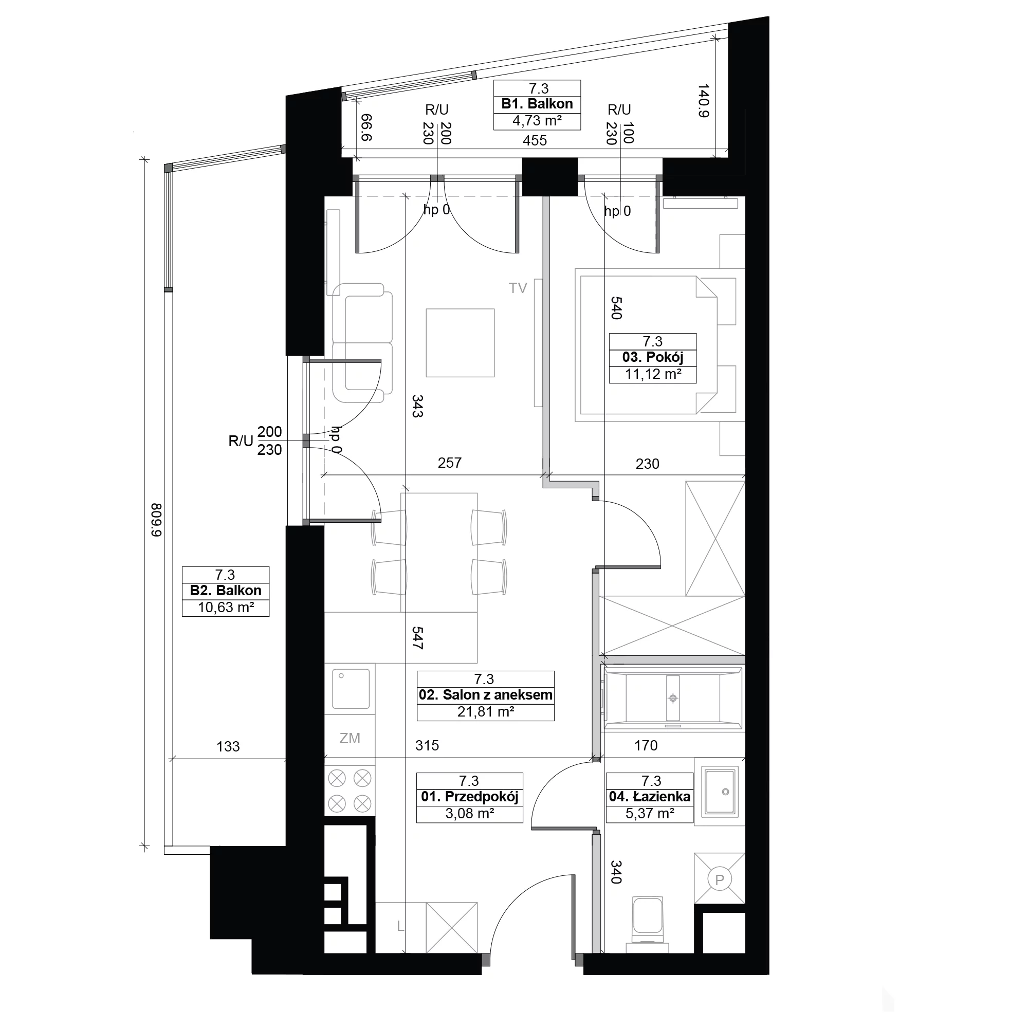 2 pokoje, mieszkanie 41,38 m², piętro 7, oferta nr 7.3, Diasfera III, Łódź, Śródmieście, al. Piłsudskiego 37