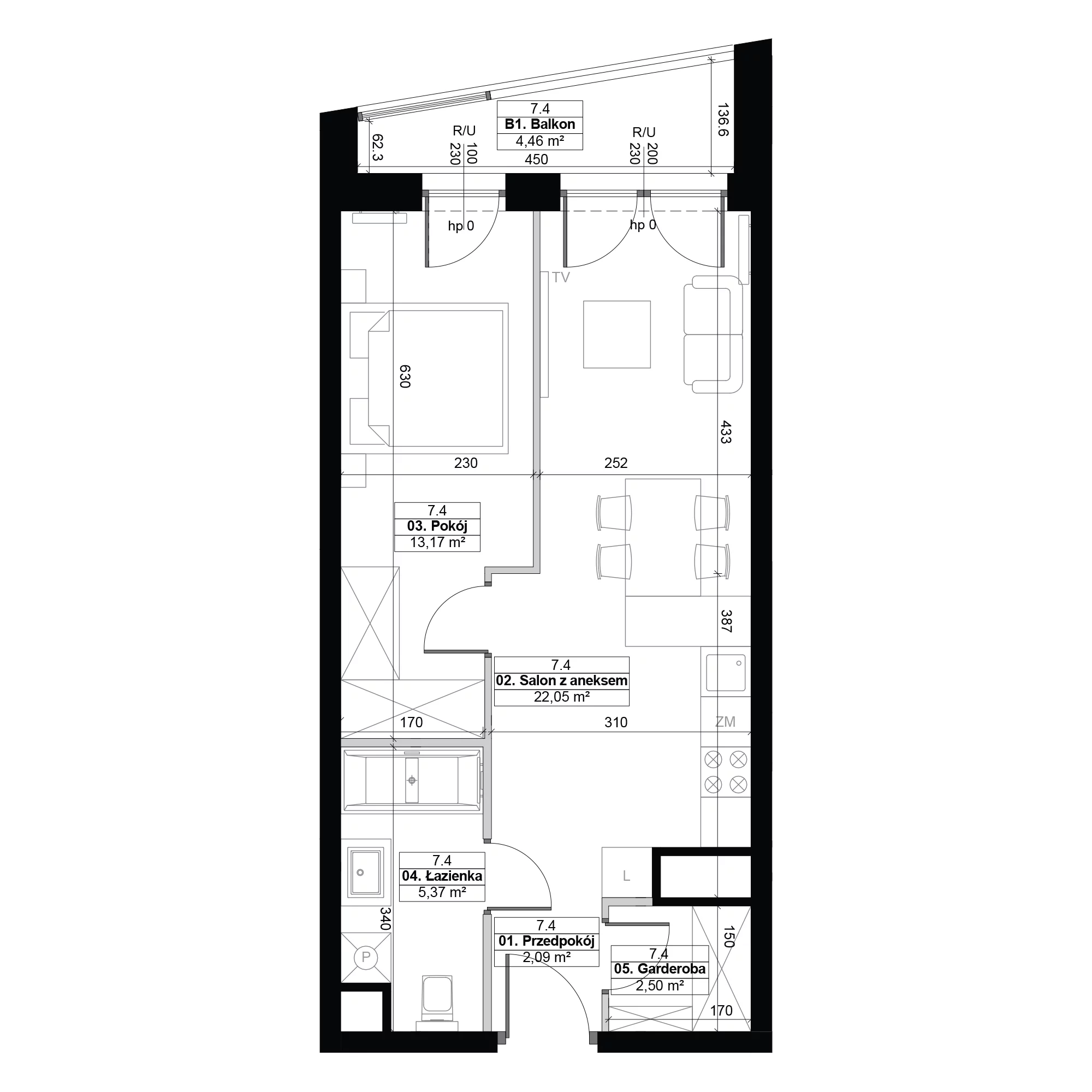 2 pokoje, mieszkanie 45,18 m², piętro 7, oferta nr 7.4, Diasfera III, Łódź, Śródmieście, al. Piłsudskiego 37