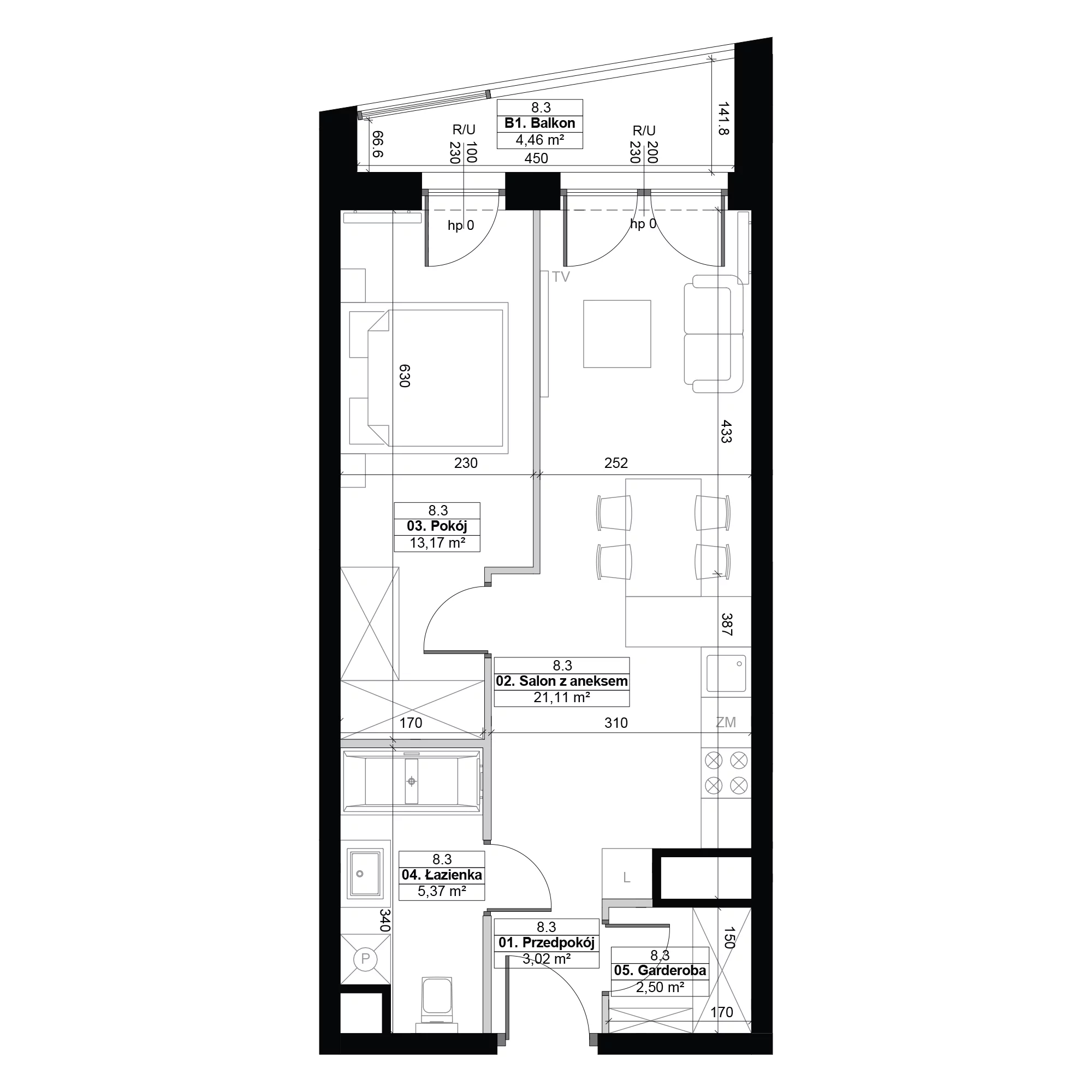 2 pokoje, mieszkanie 45,17 m², piętro 8, oferta nr 8.3, Diasfera III, Łódź, Śródmieście, al. Piłsudskiego 37