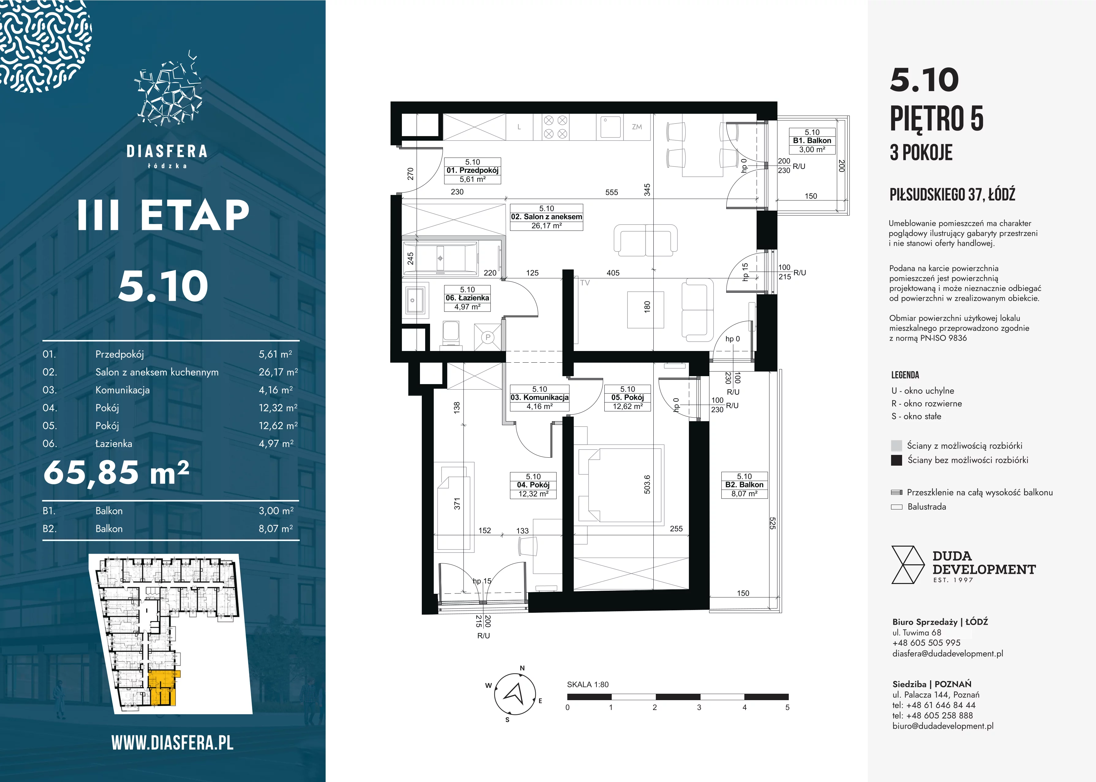 3 pokoje, mieszkanie 65,85 m², piętro 5, oferta nr 5.10, Diasfera III, Łódź, Śródmieście, al. Piłsudskiego 37