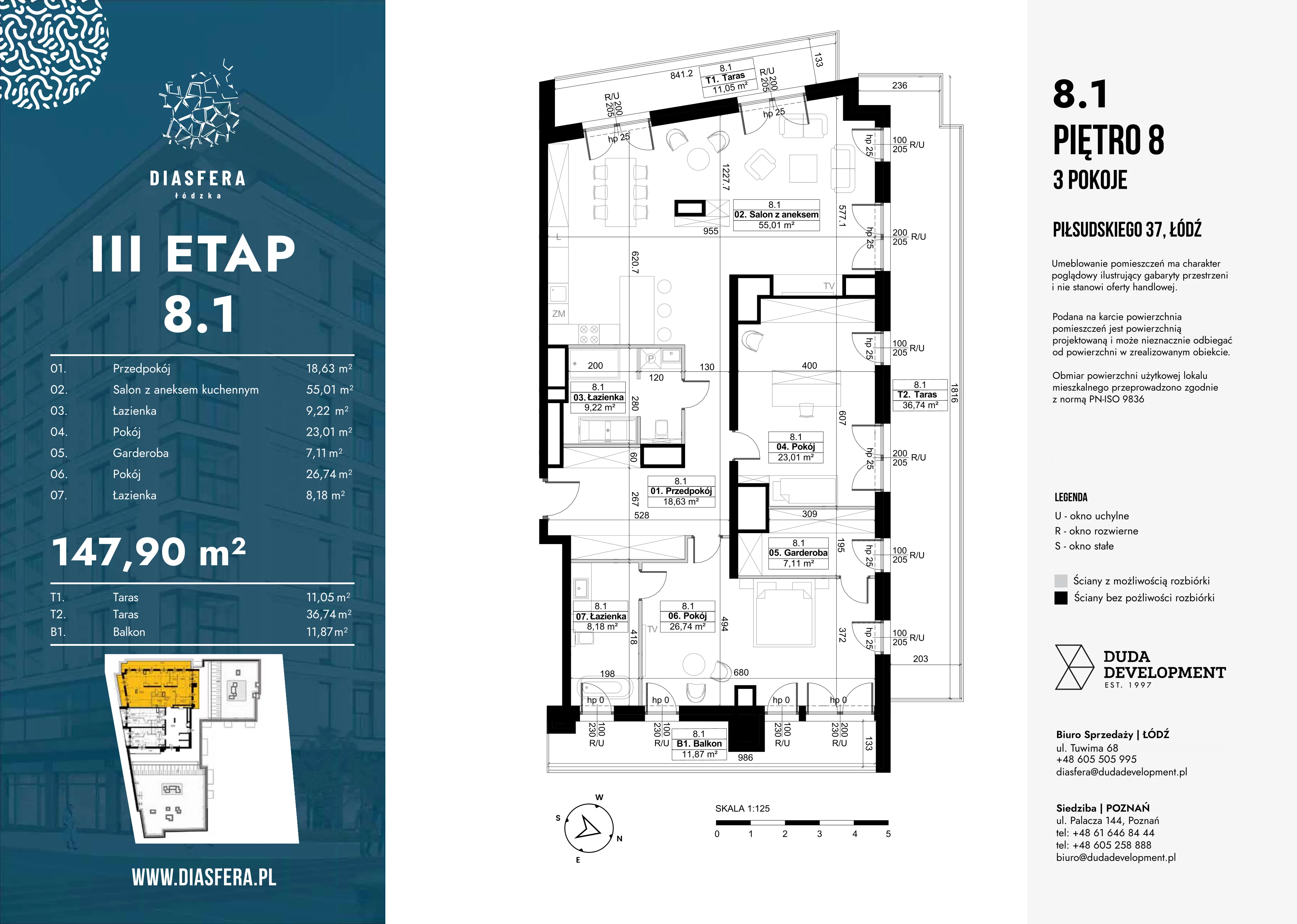 3 pokoje, mieszkanie 147,90 m², piętro 8, oferta nr 8.1, Diasfera III, Łódź, Śródmieście, al. Piłsudskiego 37