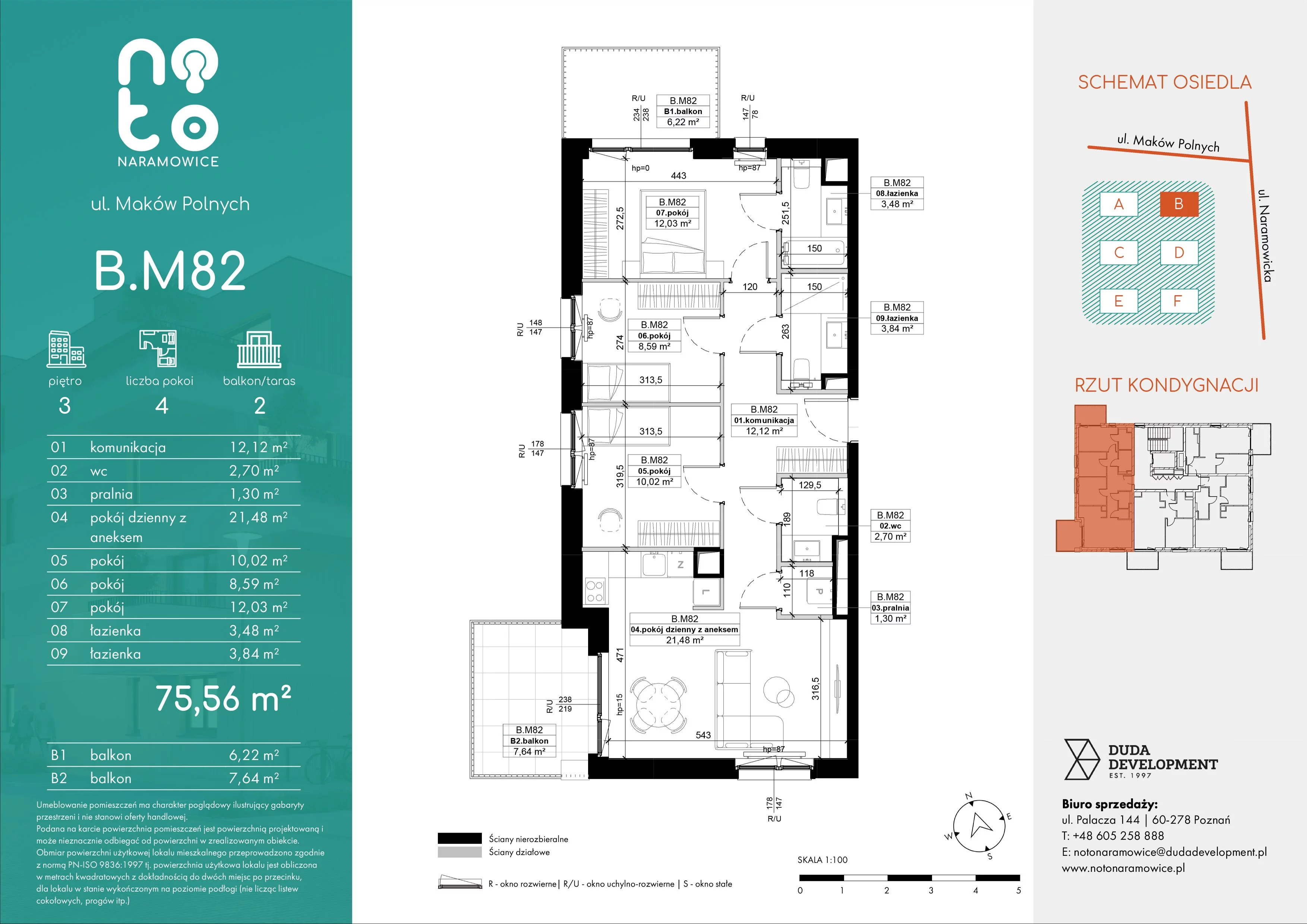4 pokoje, mieszkanie 75,56 m², piętro 3, oferta nr B.M82, No to Naramowice, Poznań, Naramowice, Naramowice, ul. Maków Polnych