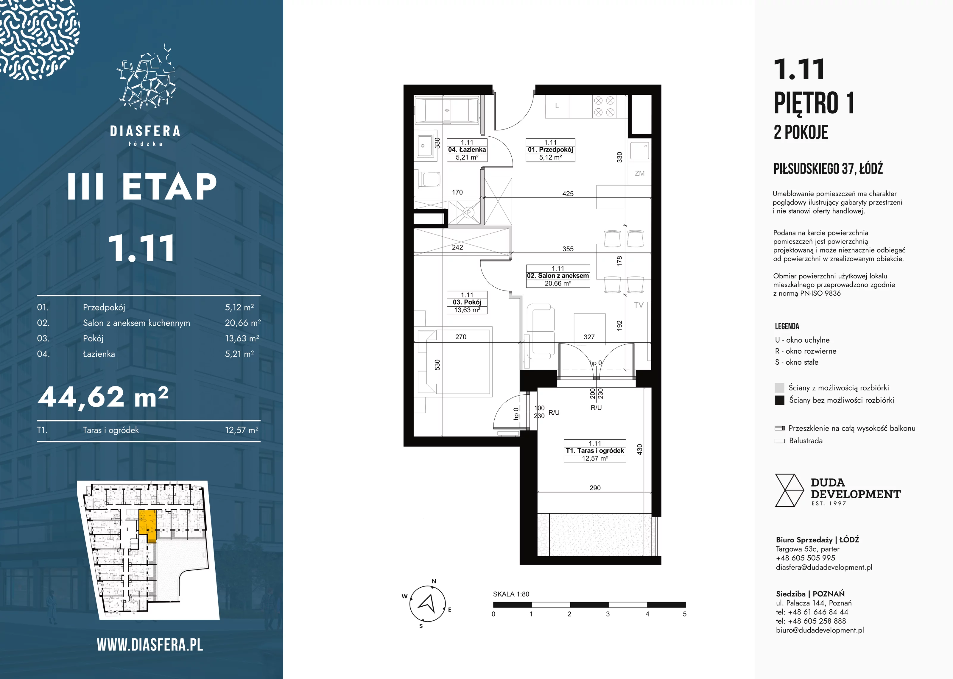 Mieszkanie 44,62 m², piętro 1, oferta nr 1_11, Diasfera III, Łódź, Śródmieście, al. Piłsudskiego 37