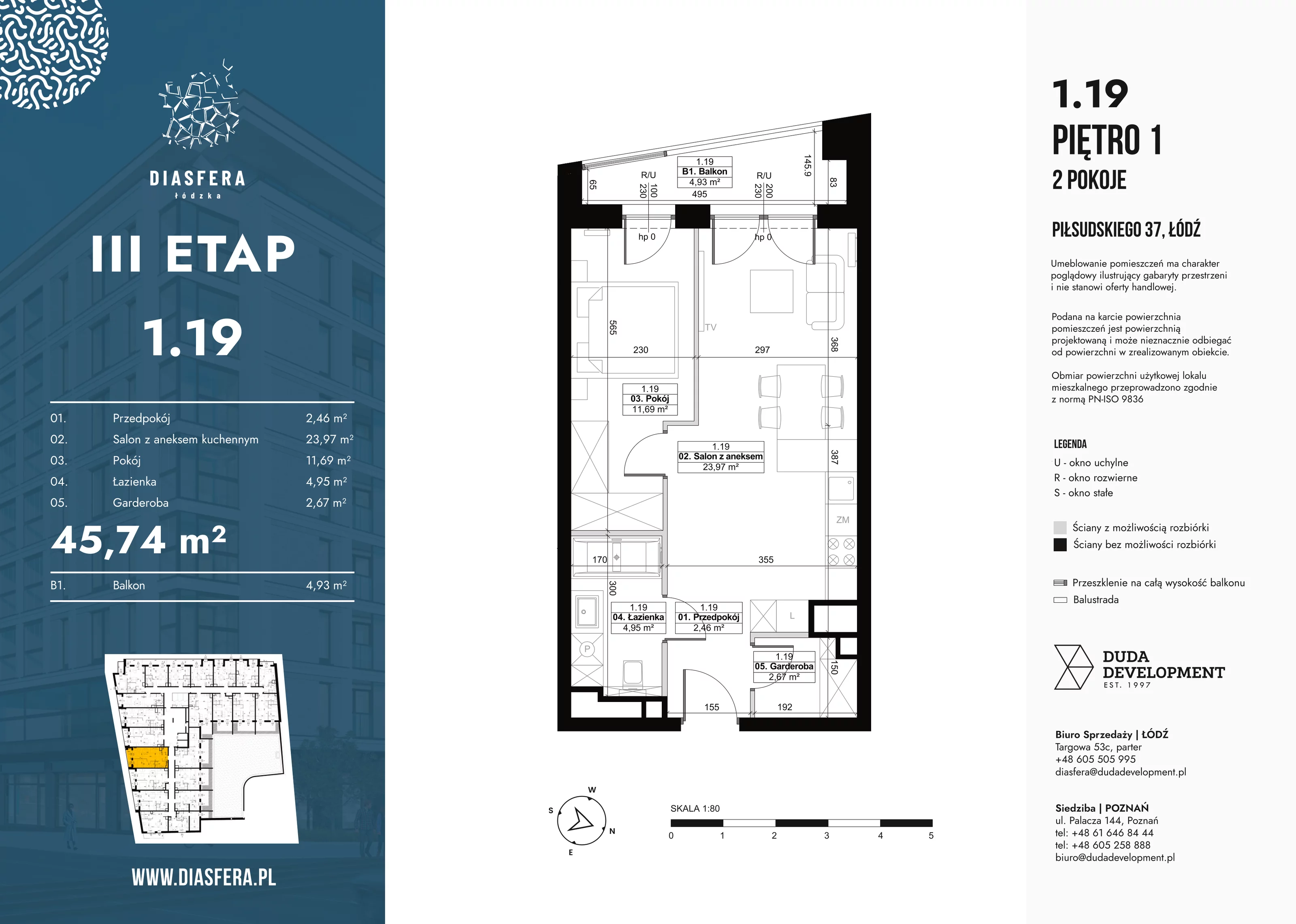 Mieszkanie 45,74 m², piętro 1, oferta nr 1_19, Diasfera III, Łódź, Śródmieście, al. Piłsudskiego 37