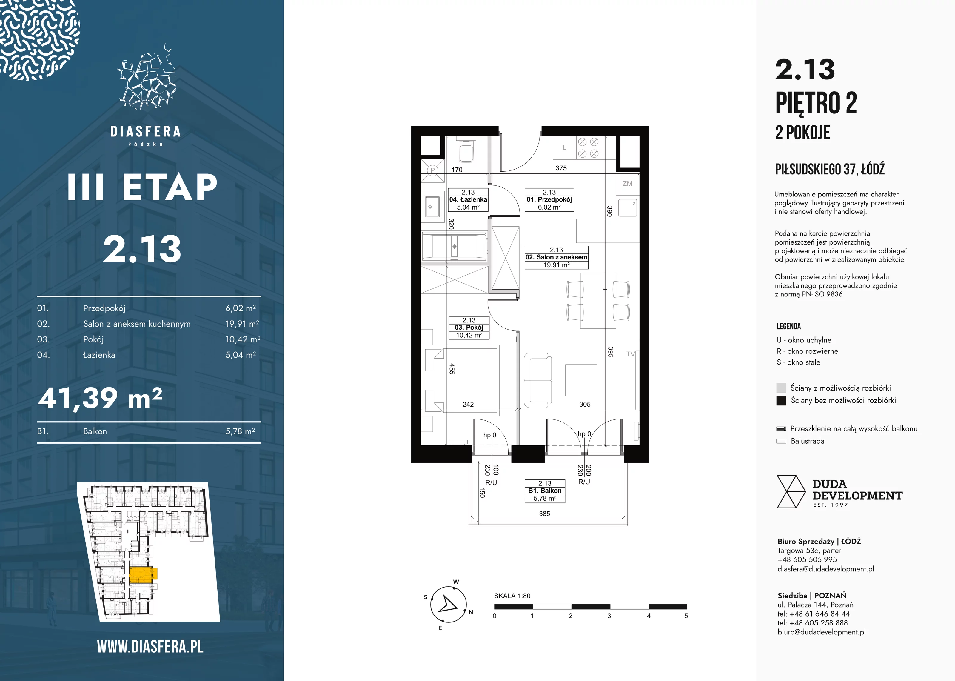Mieszkanie 41,39 m², piętro 2, oferta nr 2_13, Diasfera III, Łódź, Śródmieście, al. Piłsudskiego 37