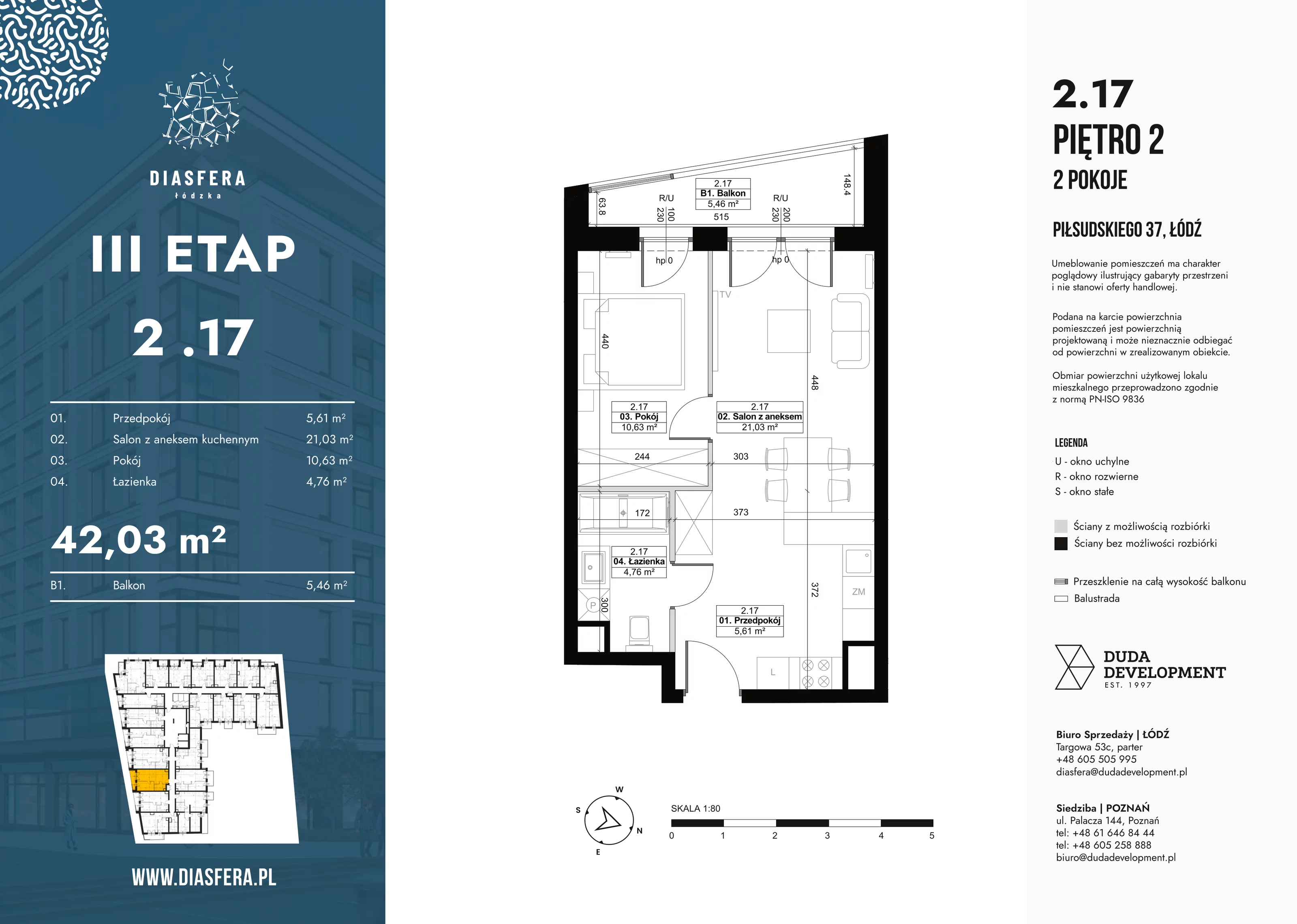 Mieszkanie 42,03 m², piętro 2, oferta nr 2_17, Diasfera III, Łódź, Śródmieście, al. Piłsudskiego 37