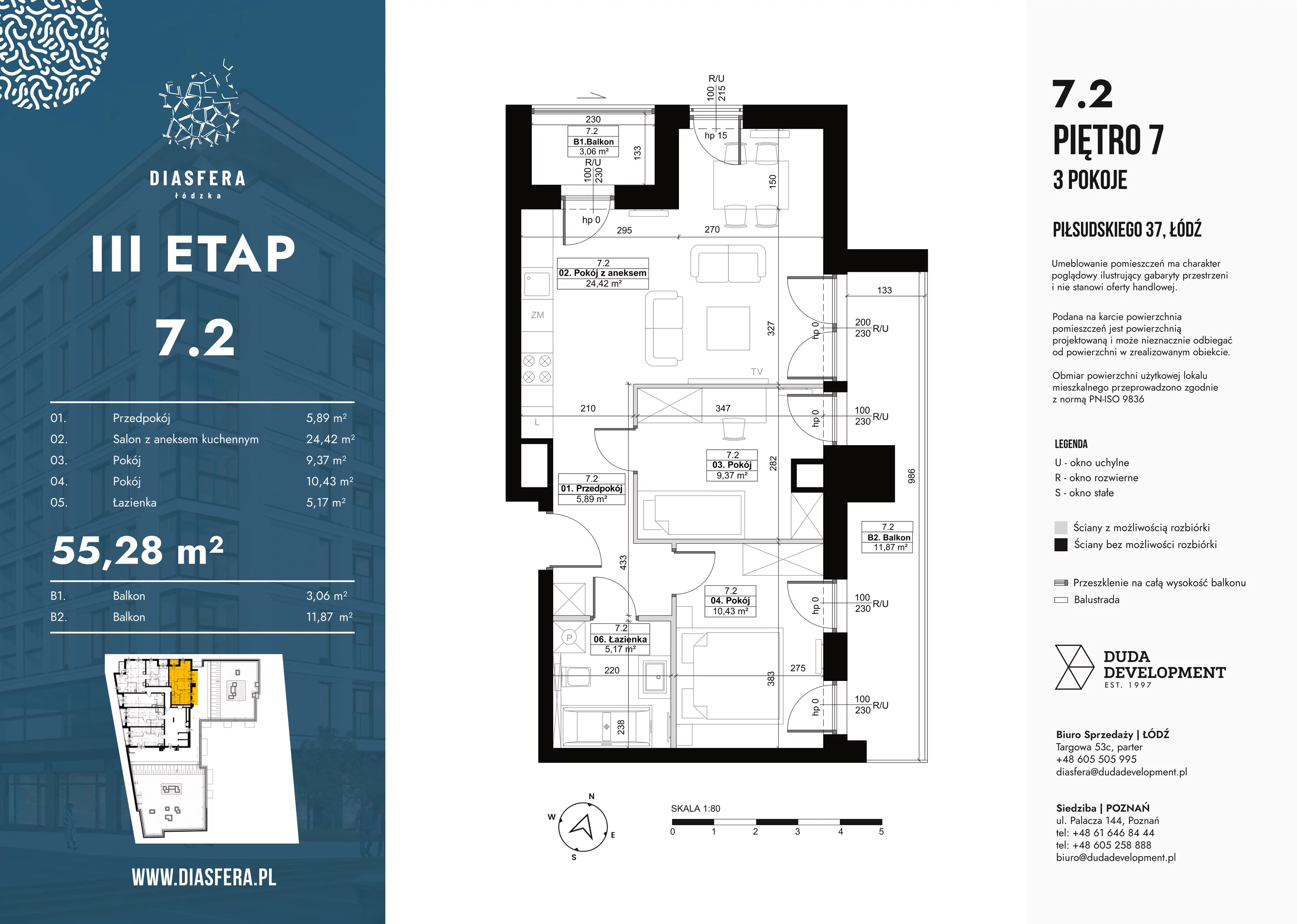 Mieszkanie 55,28 m², piętro 7, oferta nr 7_2, Diasfera III, Łódź, Śródmieście, al. Piłsudskiego 37